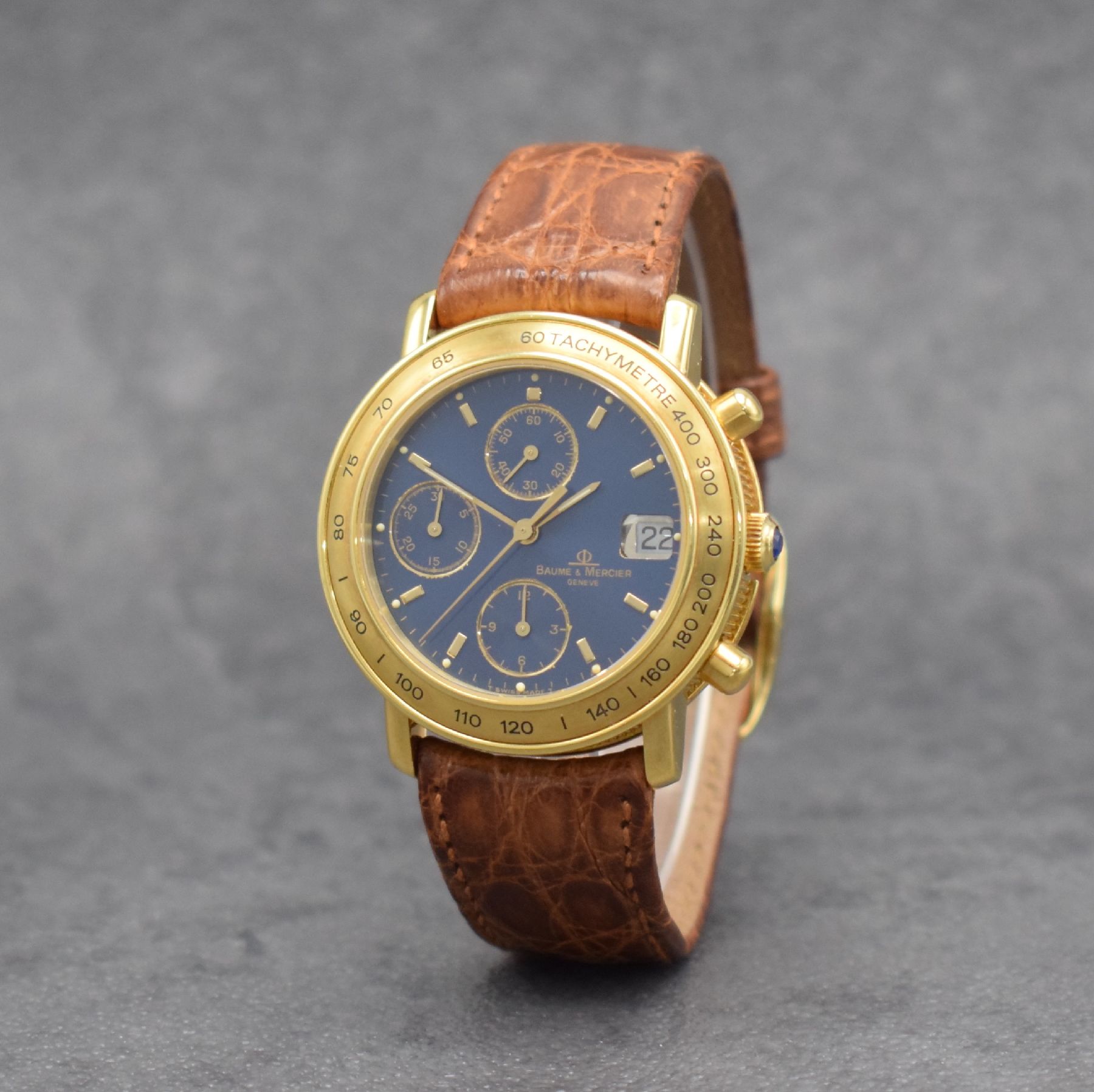 Detail b: BAUME & MERCIER Armbandchronograph in GG 750/000 Referenz 86105, Schweiz 1990er Jahre, 3-teil. Geh., orig. Lederband m. verg. orig. Dornschl., Boden ...