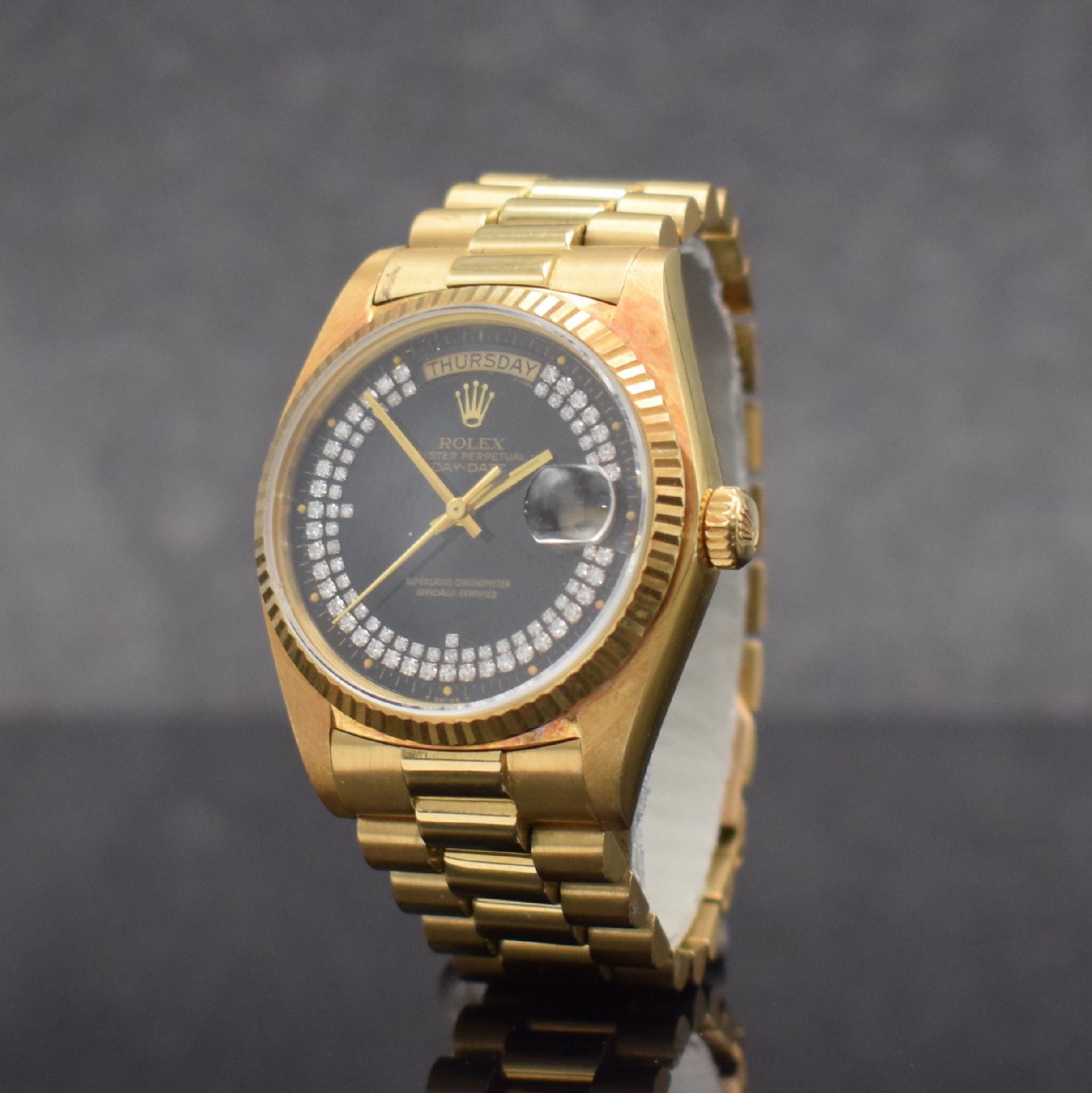 Detail b: ROLEX Herrenarmbanduhr Oyster Perpetual Day- Date in GG 750/000 Referenz 18038, Schweiz um 1982, Automatik, Chronometer der Superlative, ...