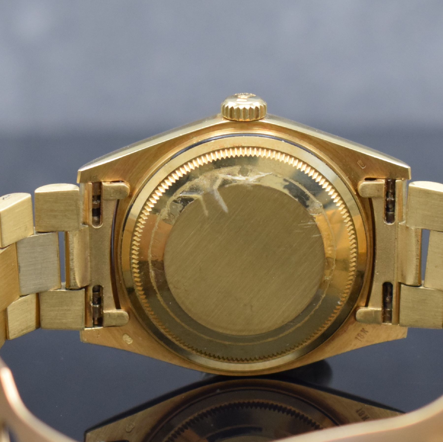 Detail f: ROLEX Herrenarmbanduhr Oyster Perpetual Day- Date in GG 750/000 Referenz 18038, Schweiz um 1982, Automatik, Chronometer der Superlative, ...