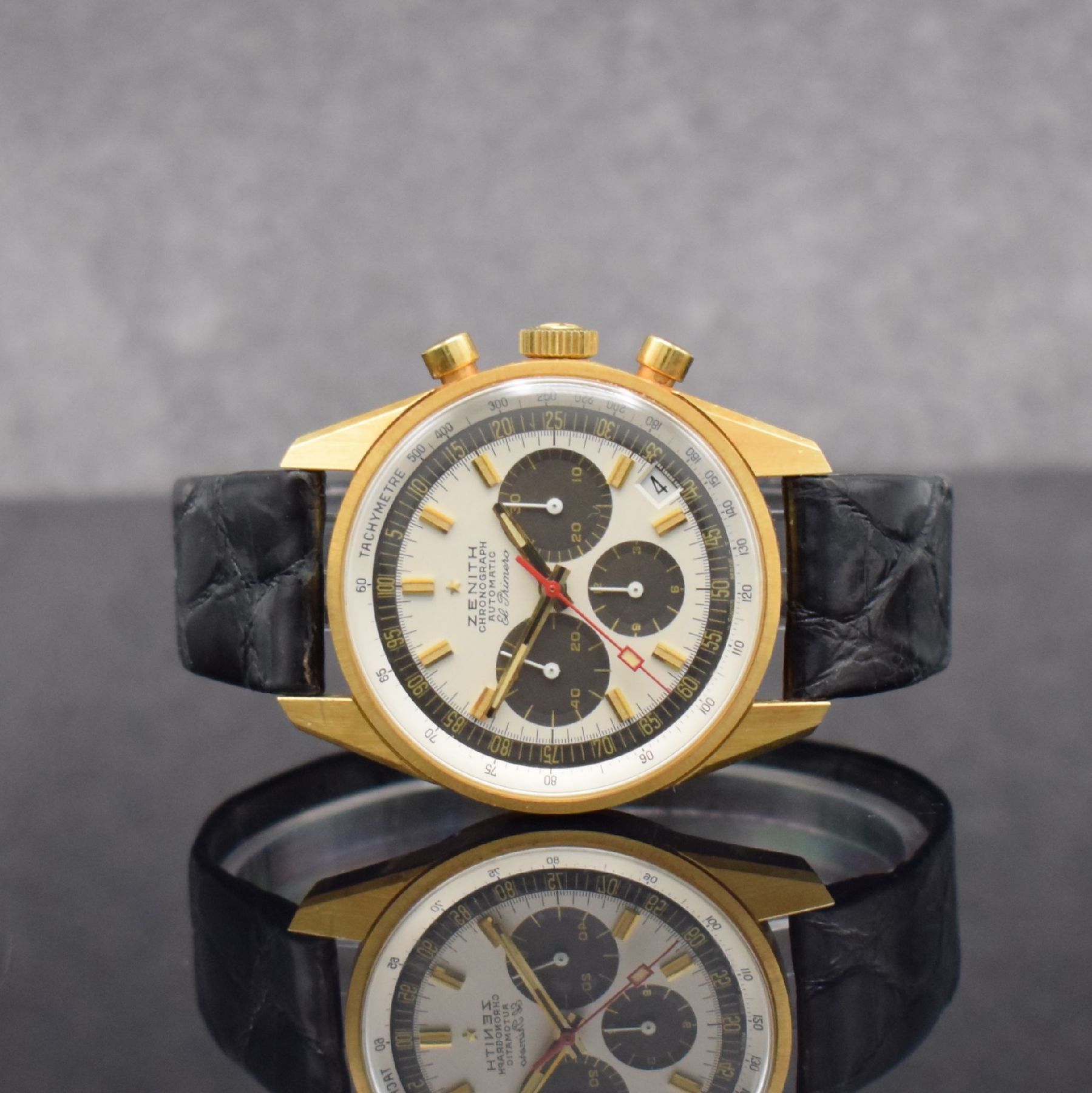 ZENITH seltener vintage El Primero Schaltradchronograph im unpoliertem GG 750/000 Gehäuse Referenz 1205, Automatik, Schweiz 1970er Jahre, Boden ...