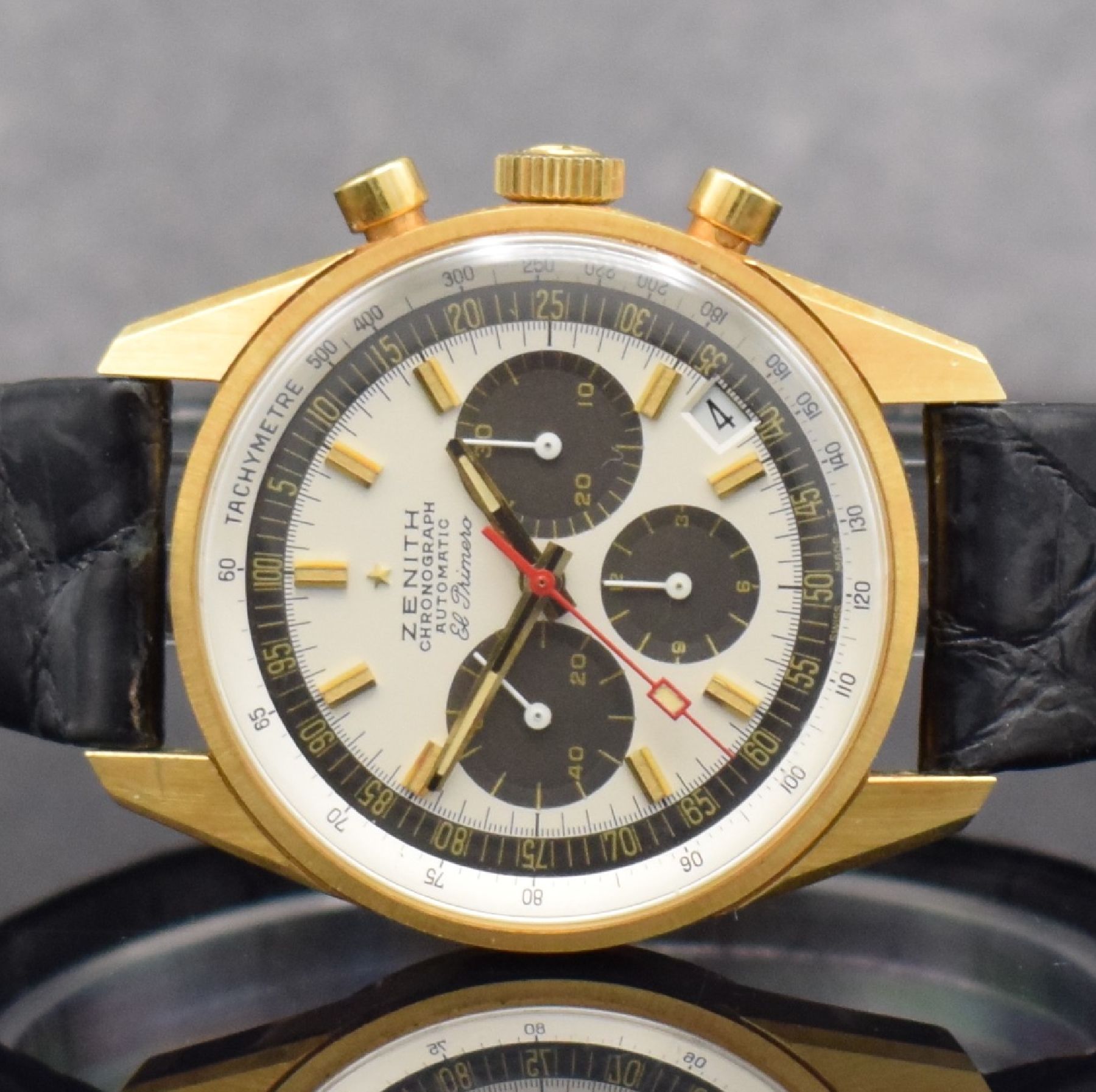 Detail a: ZENITH seltener vintage El Primero Schaltradchronograph im unpoliertem GG 750/000 Gehäuse Referenz 1205, Automatik, Schweiz 1970er Jahre, Boden ...