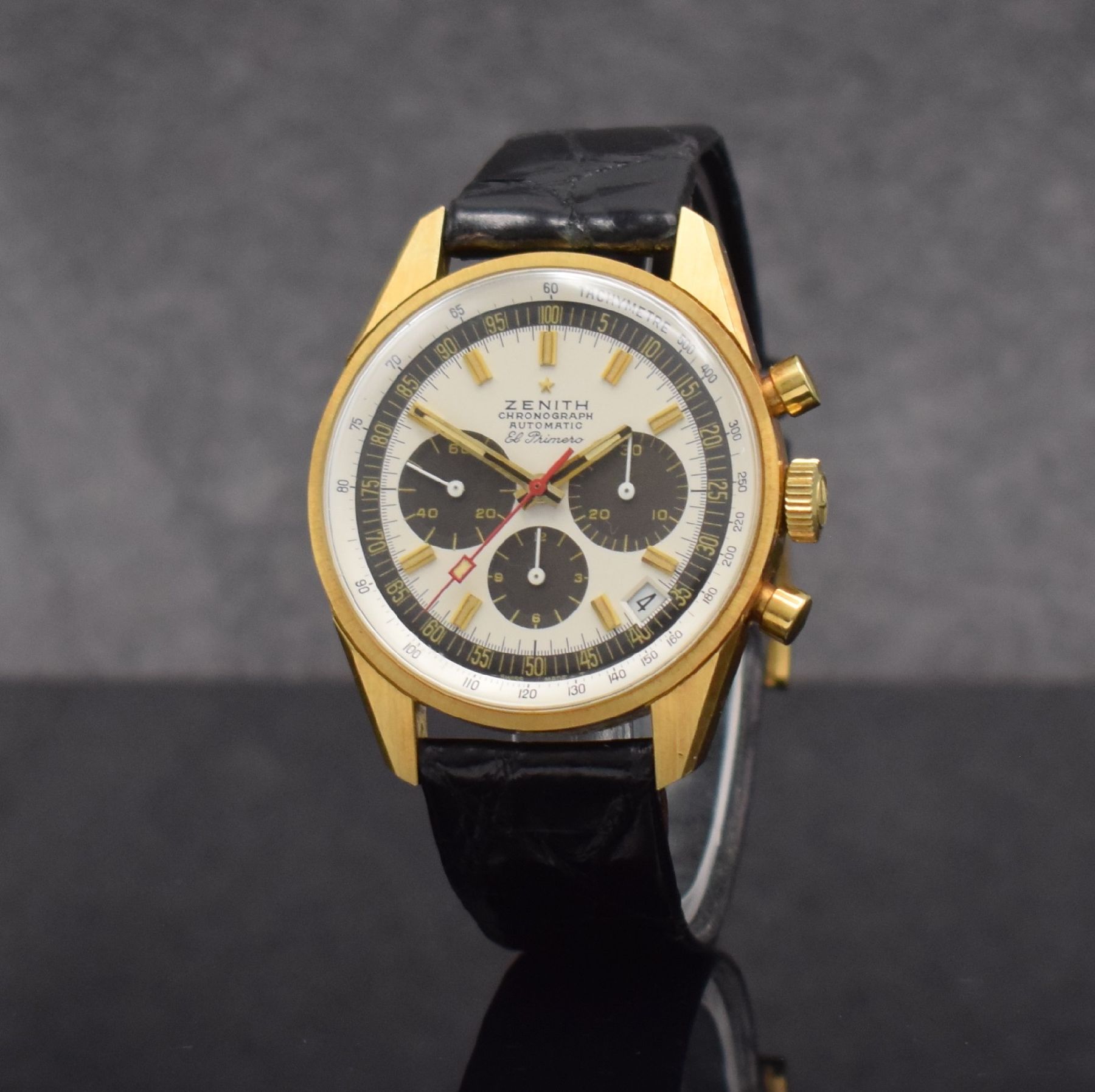 Detail b: ZENITH seltener vintage El Primero Schaltradchronograph im unpoliertem GG 750/000 Gehäuse Referenz 1205, Automatik, Schweiz 1970er Jahre, Boden ...