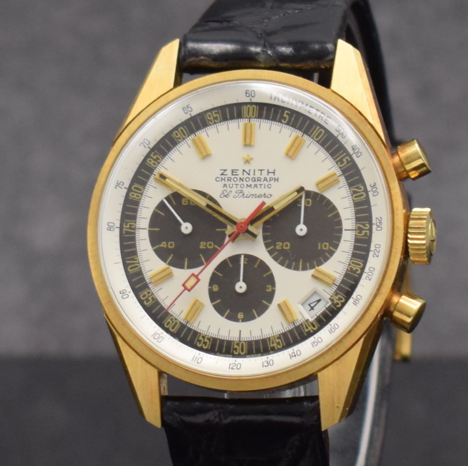 Detail c: ZENITH seltener vintage El Primero Schaltradchronograph im unpoliertem GG 750/000 Gehäuse Referenz 1205, Automatik, Schweiz 1970er Jahre, Boden ...