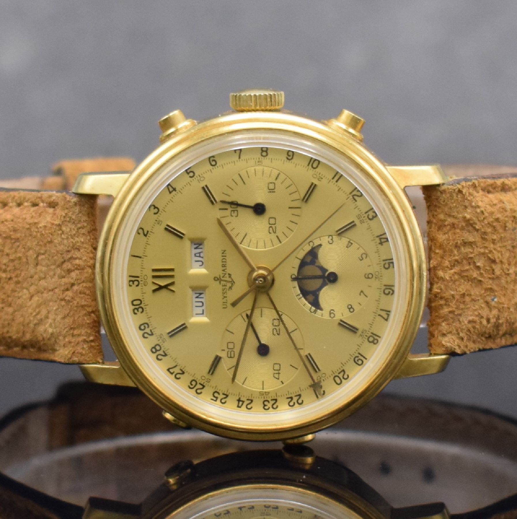 Detail a: ULYSSE NARDIN seltener, astronomischer Schaltradchronograph in GG 750/000 mit Kaliber Valjoux 88, Handaufzug, Schweiz um 1980, Boden verschr., gold. ...