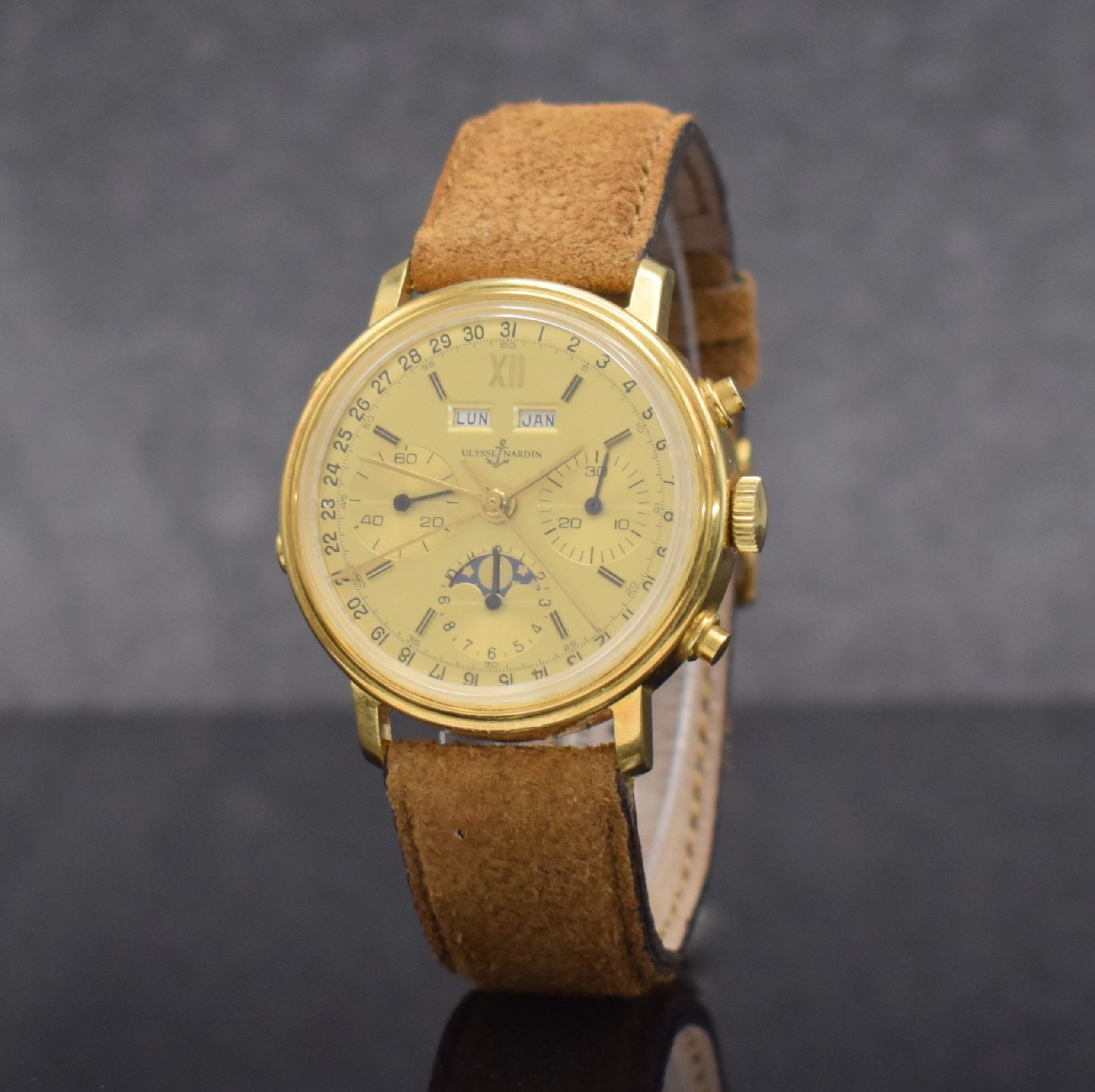 Detail b: ULYSSE NARDIN seltener, astronomischer Schaltradchronograph in GG 750/000 mit Kaliber Valjoux 88, Handaufzug, Schweiz um 1980, Boden verschr., gold. ...