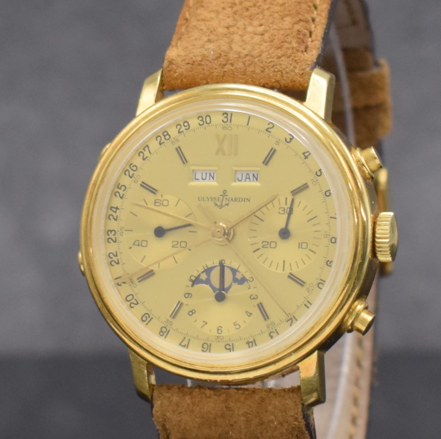Detail c: ULYSSE NARDIN seltener, astronomischer Schaltradchronograph in GG 750/000 mit Kaliber Valjoux 88, Handaufzug, Schweiz um 1980, Boden verschr., gold. ...