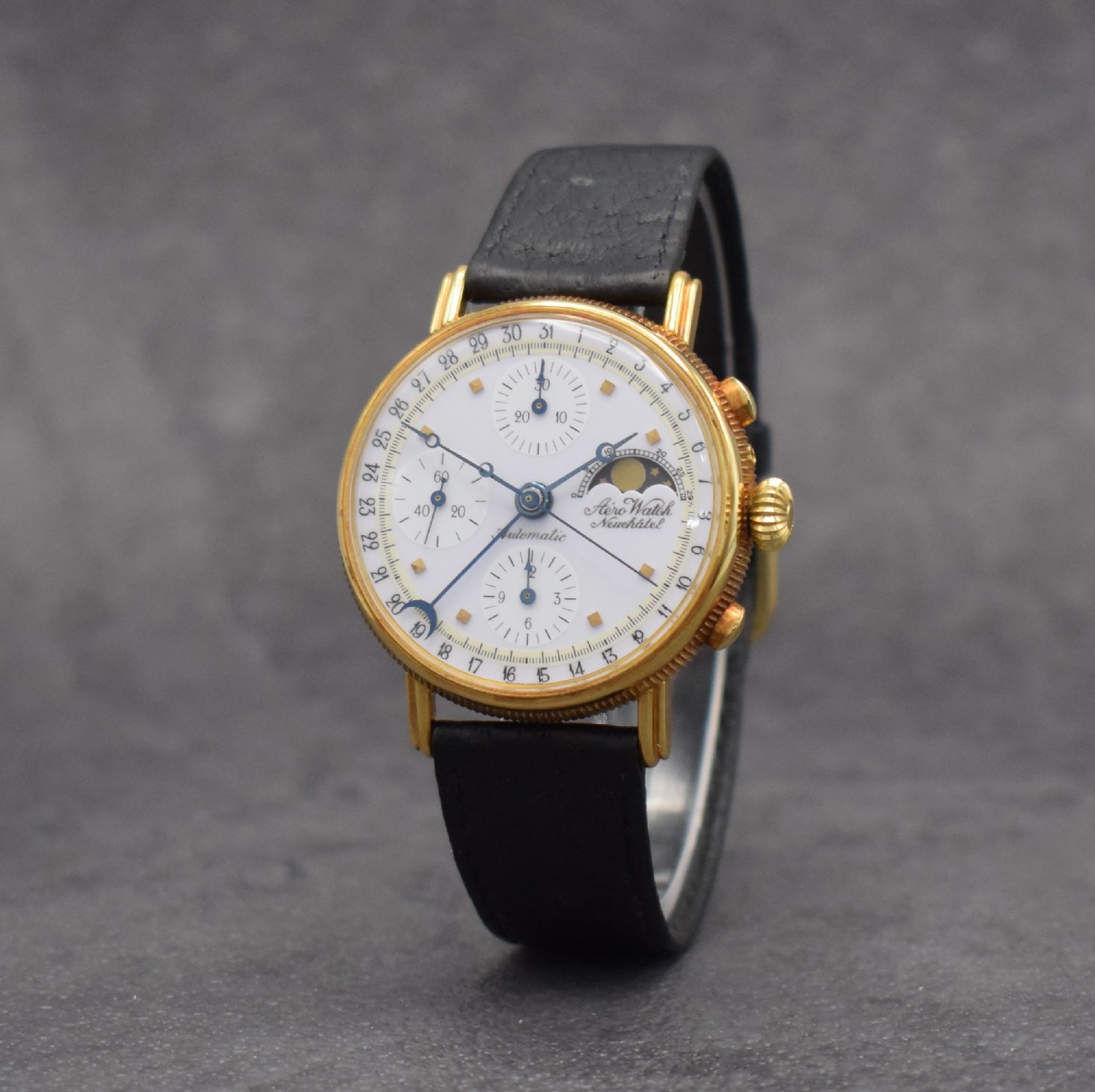 Detail b: AERO WATCH Neuchatel Herrenarmbanduhr mit Chronograph, Mondphase & Datum in GG 750/000, Schweiz um 1990, Handaufzug, 3-teil. Geh., Boden & Glasrand ...