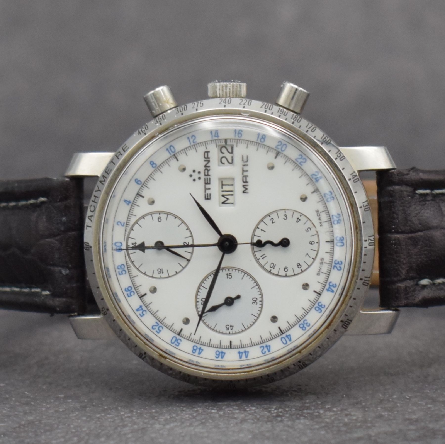 Detail a: ETERNA-MATIC Herrenarmbanduhr mit Chronograph Kaliber Lemania 5100, Schweiz um 1990, Automatik, 3-teil. Stahlgeh., Boden & Glasrand aufgedr., ...