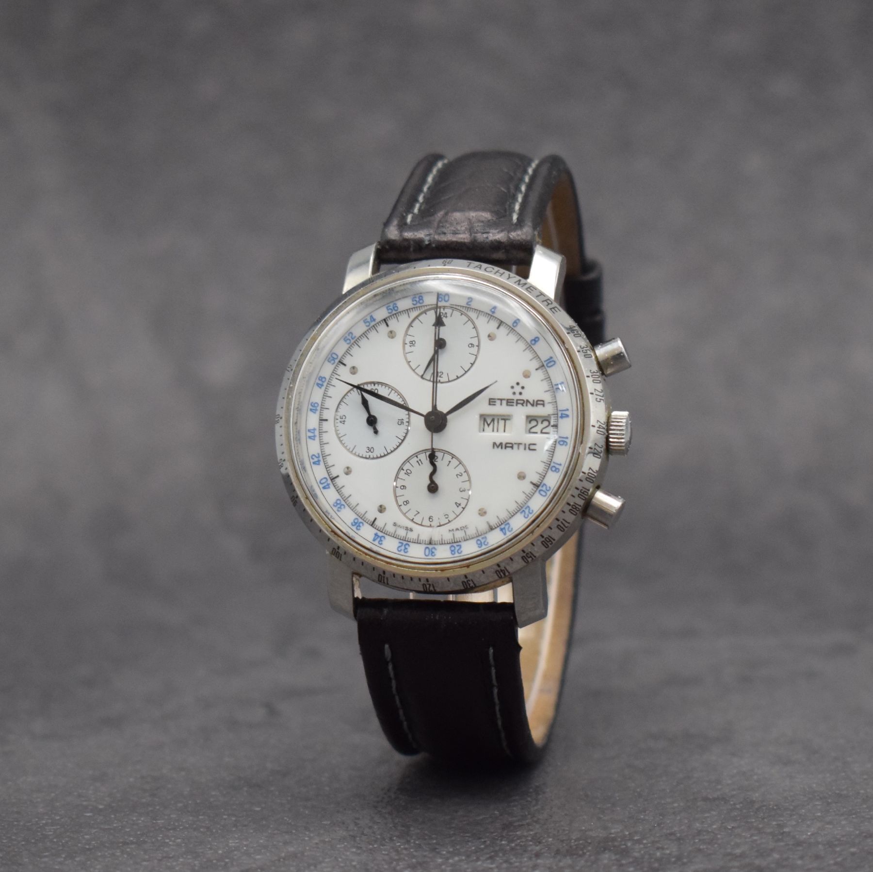 Detail b: ETERNA-MATIC Herrenarmbanduhr mit Chronograph Kaliber Lemania 5100, Schweiz um 1990, Automatik, 3-teil. Stahlgeh., Boden & Glasrand aufgedr., ...