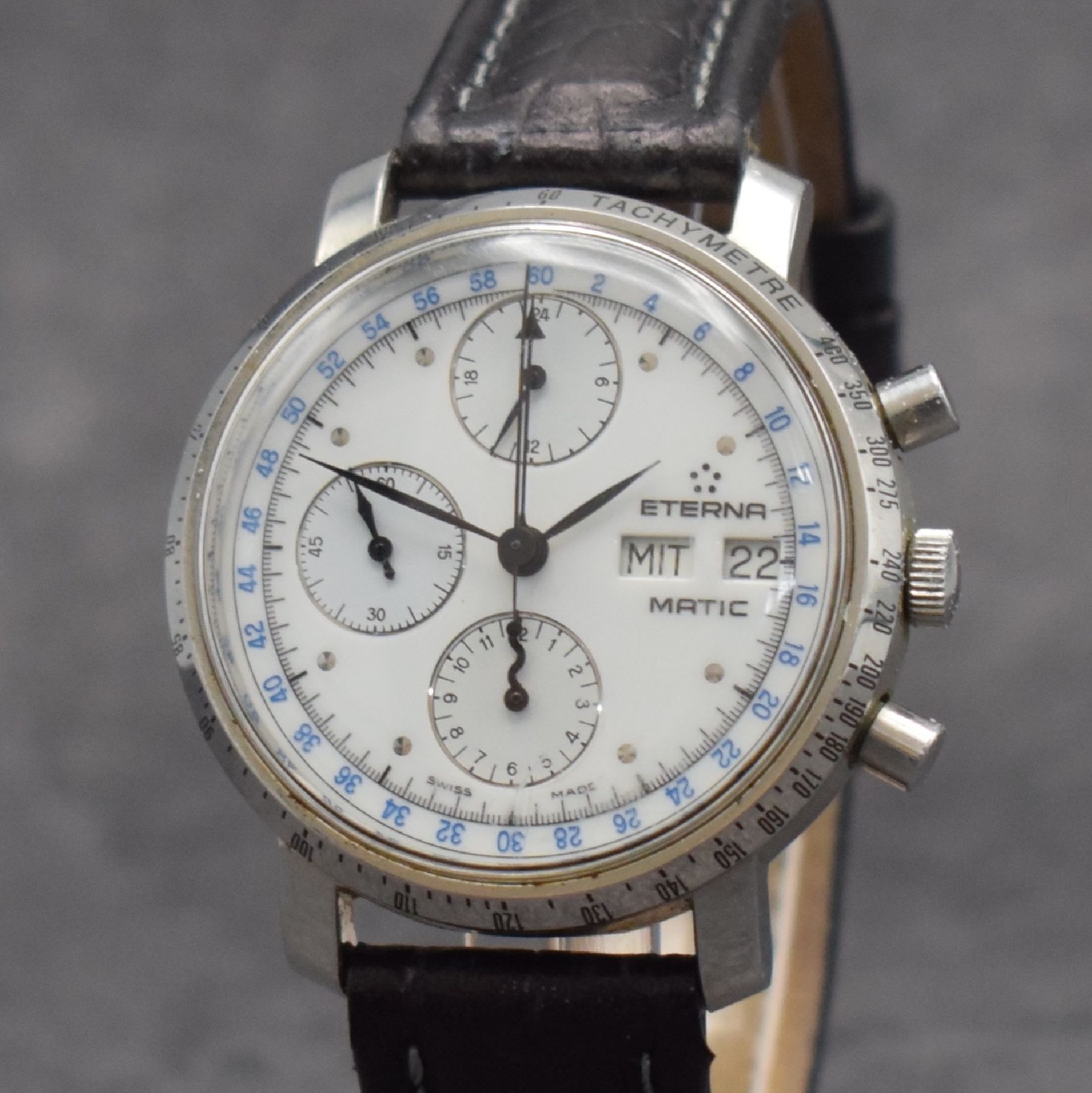 Detail c: ETERNA-MATIC Herrenarmbanduhr mit Chronograph Kaliber Lemania 5100, Schweiz um 1990, Automatik, 3-teil. Stahlgeh., Boden & Glasrand aufgedr., ...