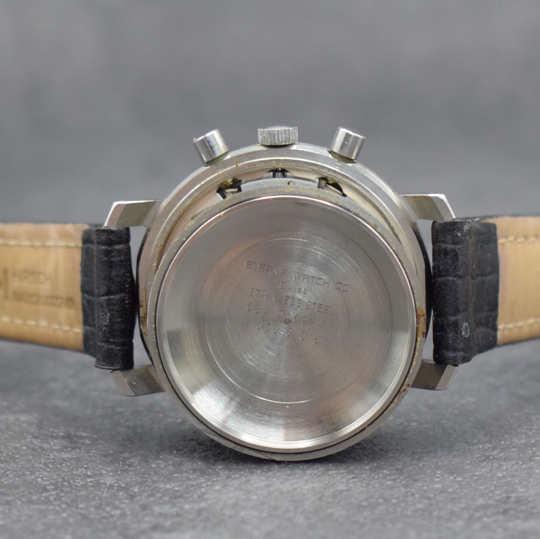 Detail h: ETERNA-MATIC Herrenarmbanduhr mit Chronograph Kaliber Lemania 5100, Schweiz um 1990, Automatik, 3-teil. Stahlgeh., Boden & Glasrand aufgedr., ...