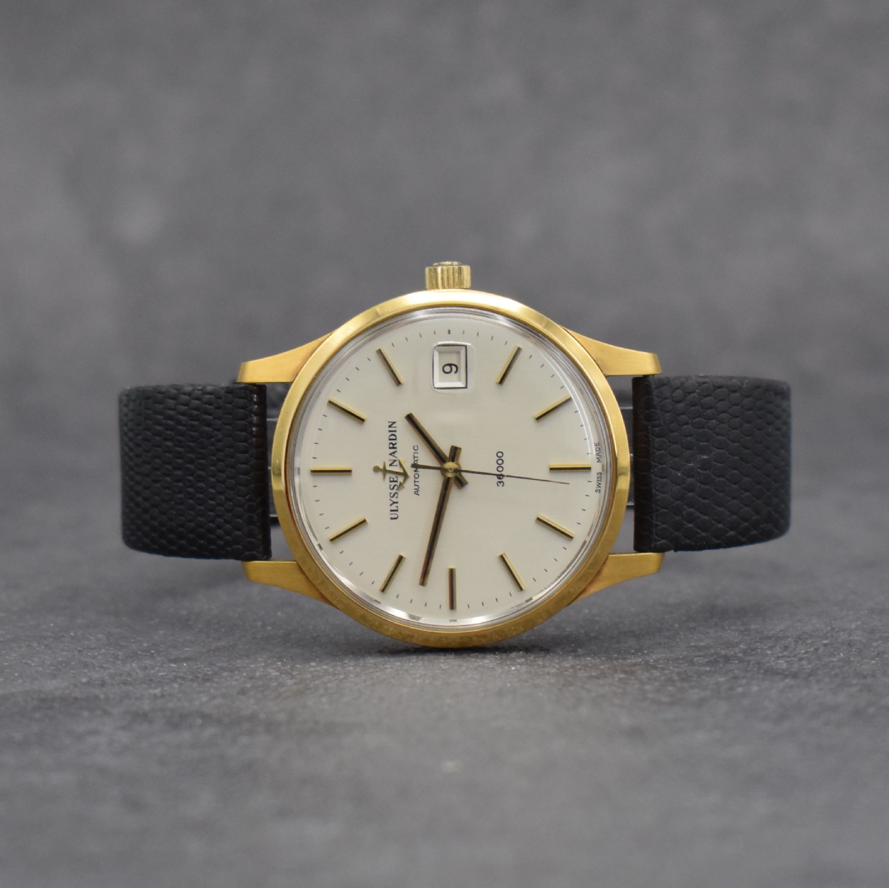 ULYSSE NARDIN Armbanduhr, Automatik, Schweiz 1970er Jahre, Schnellschwinger, Metallgeh. hartverg., Boden verschr., orig. Lederband m. verg. orig. ...