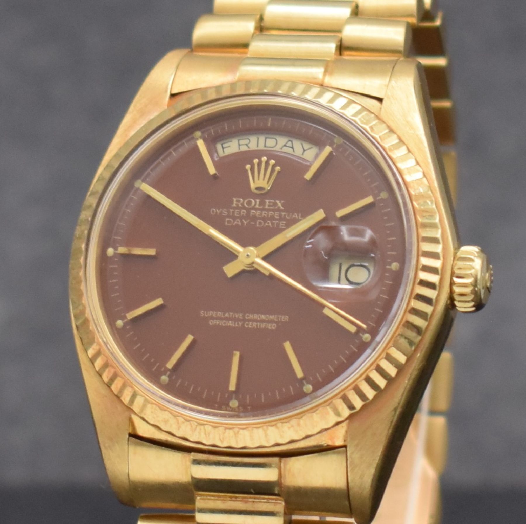 Detail a: ROLEX feine & seltene Herrenarmbanduhr Day- Date mit braunem Stella-Zifferblatt in GG 750/000 Referenz 1803, Automatik, Schweiz um 1977, Chronometer ...