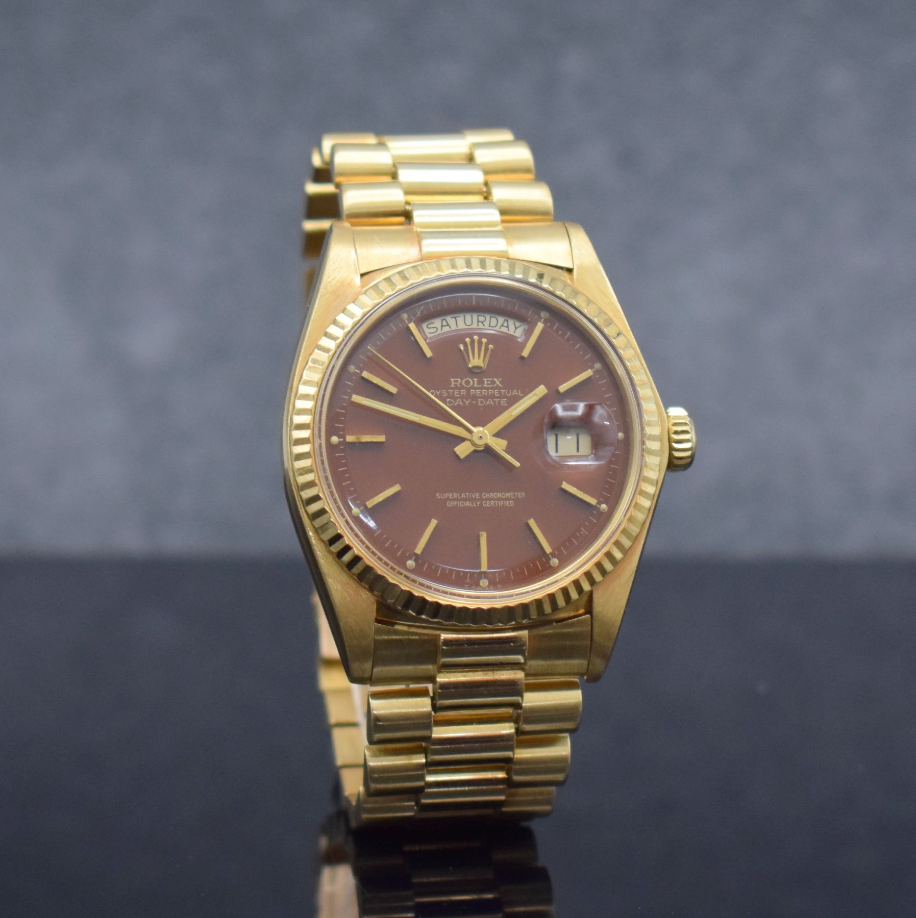 Detail b: ROLEX feine & seltene Herrenarmbanduhr Day- Date mit braunem Stella-Zifferblatt in GG 750/000 Referenz 1803, Automatik, Schweiz um 1977, Chronometer ...