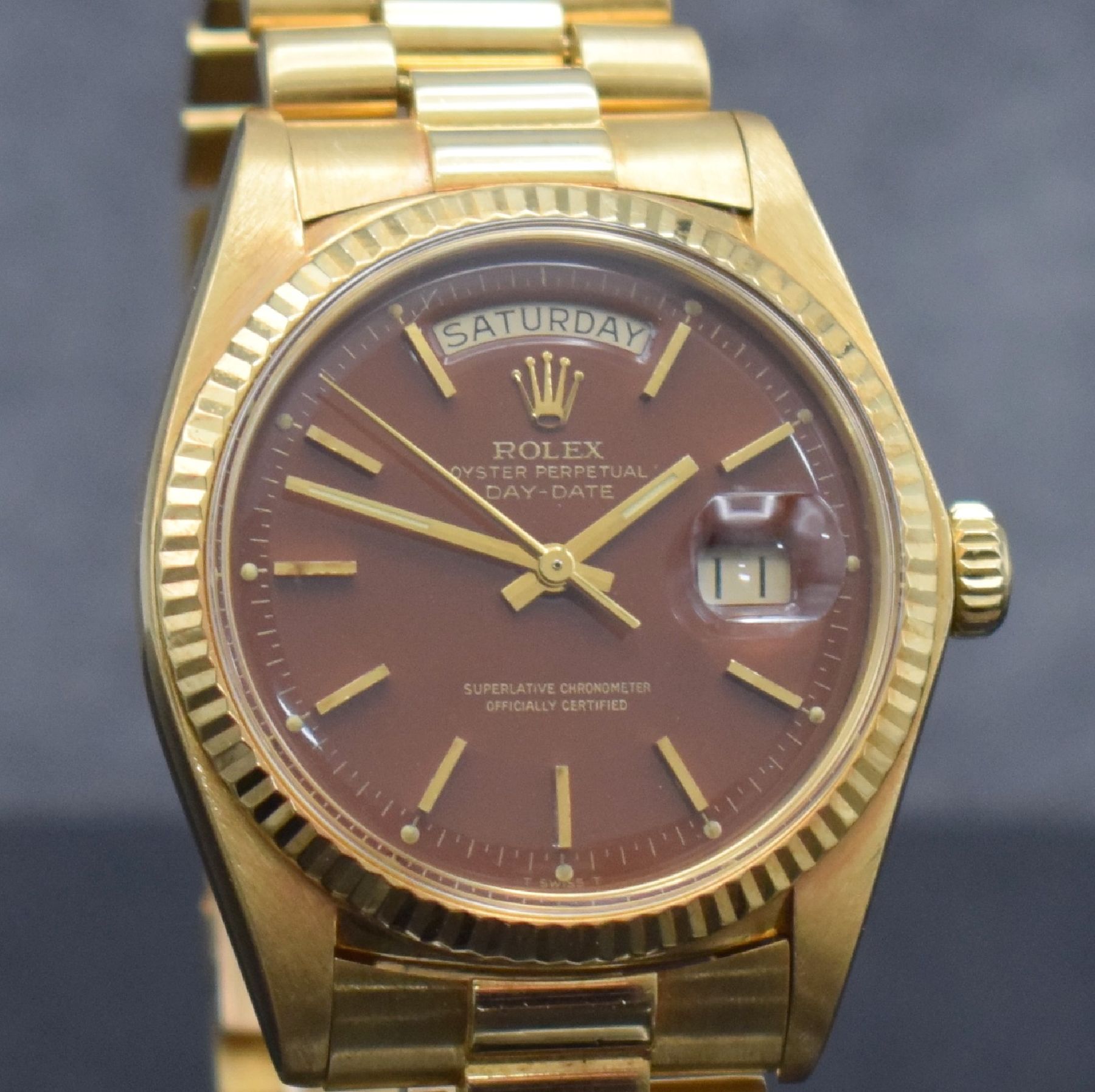 Detail c: ROLEX feine & seltene Herrenarmbanduhr Day- Date mit braunem Stella-Zifferblatt in GG 750/000 Referenz 1803, Automatik, Schweiz um 1977, Chronometer ...