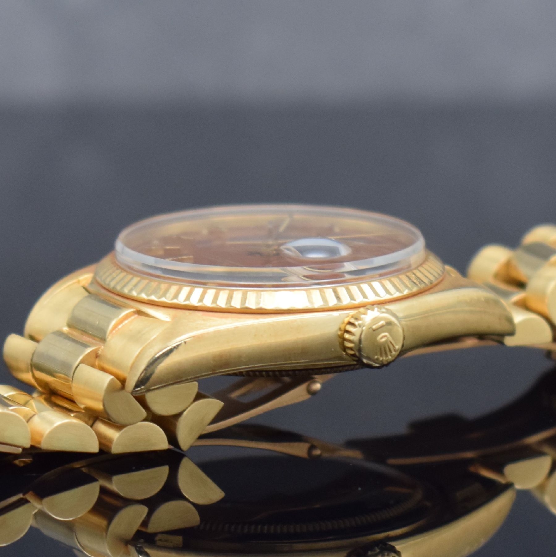 Detail e: ROLEX feine & seltene Herrenarmbanduhr Day- Date mit braunem Stella-Zifferblatt in GG 750/000 Referenz 1803, Automatik, Schweiz um 1977, Chronometer ...