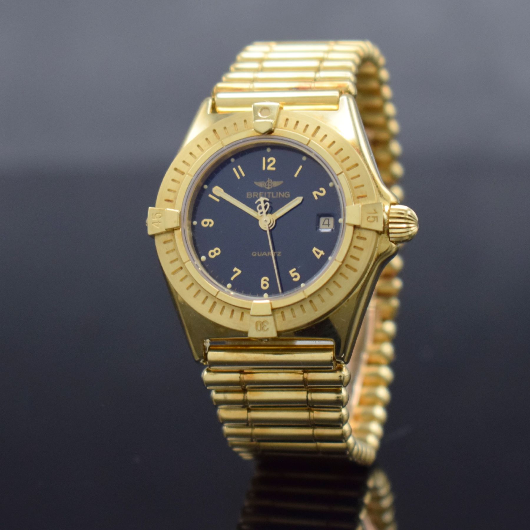 Detail b: BREITLING Damenarmbanduhr in GG 750/000, Schweiz um 1990, quarz, Ref. 80560, massives Goldgeh., Boden geschr., eins. drehb. Lünette, GG 750/000 ...