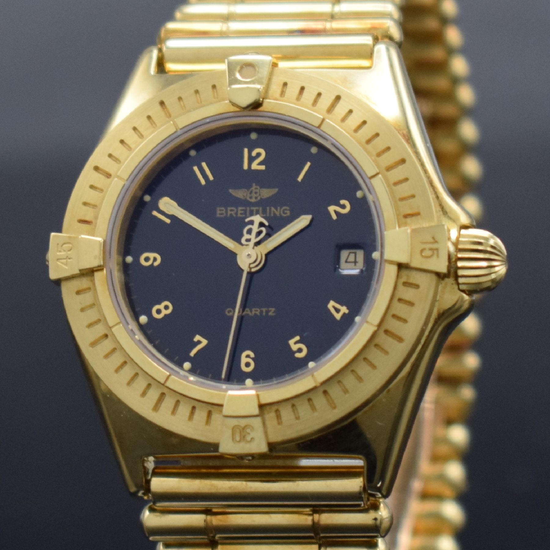 Detail c: BREITLING Damenarmbanduhr in GG 750/000, Schweiz um 1990, quarz, Ref. 80560, massives Goldgeh., Boden geschr., eins. drehb. Lünette, GG 750/000 ...