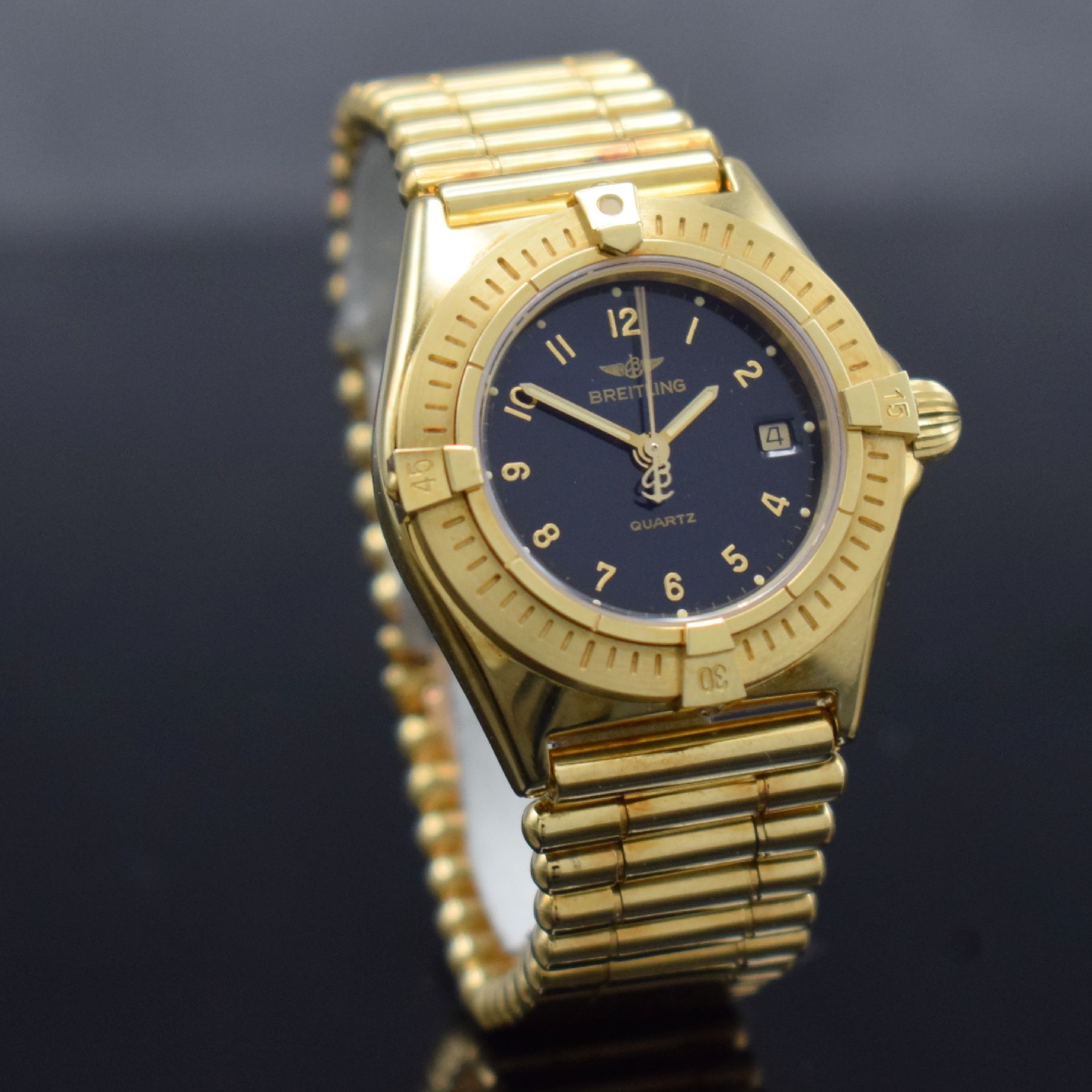 Detail d: BREITLING Damenarmbanduhr in GG 750/000, Schweiz um 1990, quarz, Ref. 80560, massives Goldgeh., Boden geschr., eins. drehb. Lünette, GG 750/000 ...