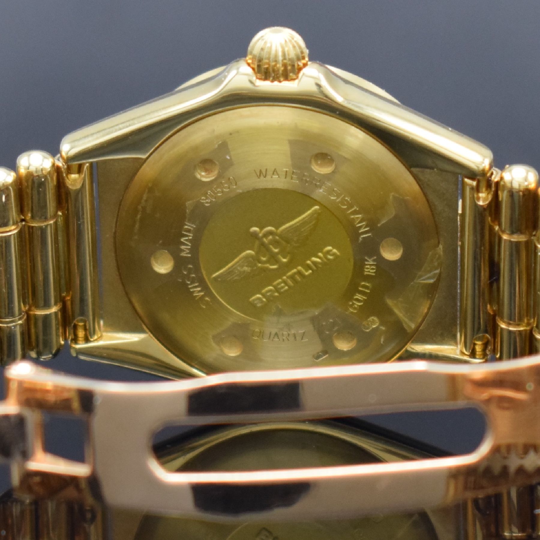 Detail g: BREITLING Damenarmbanduhr in GG 750/000, Schweiz um 1990, quarz, Ref. 80560, massives Goldgeh., Boden geschr., eins. drehb. Lünette, GG 750/000 ...