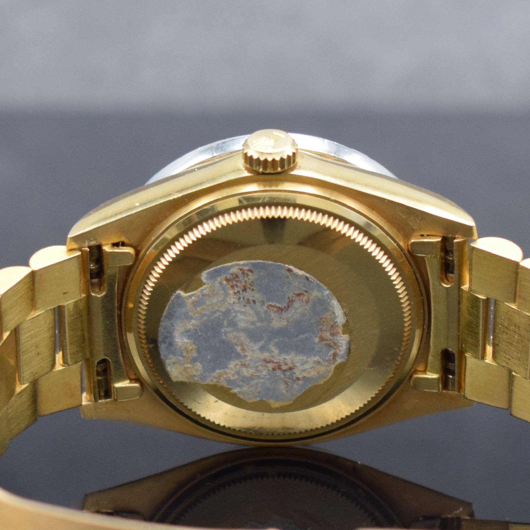 Detail g: ROLEX Herrenarmbanduhr Oyster Perpetual Day- Date in GG 750/000 Referenz 18038, Automatik, Schweiz um 1980, Presidentband mit Faltschl., Lünette & ...