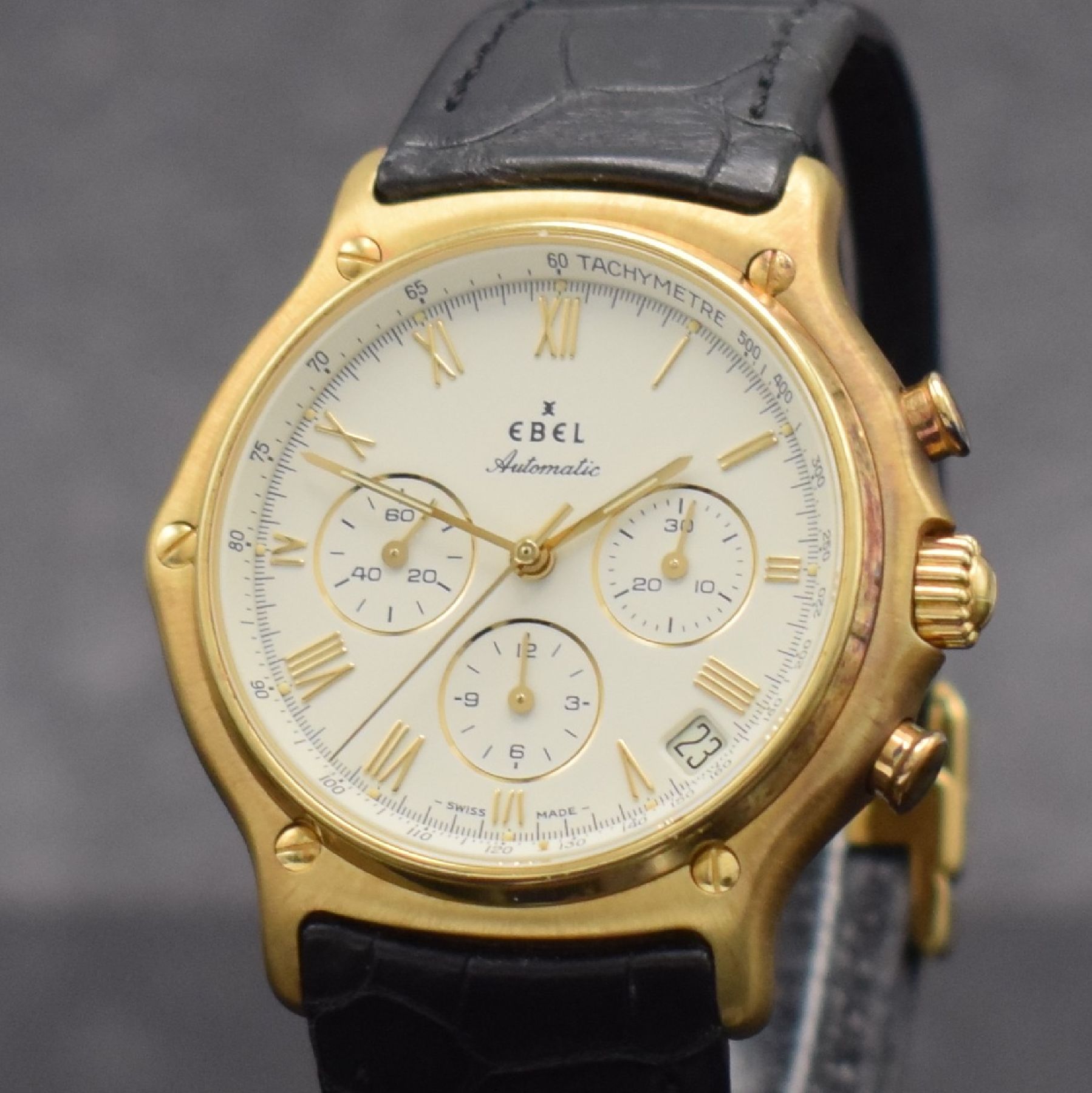 Detail c: EBEL El Primero Schaltradchronograph in GG 750/000, Automatik, Schweiz um 1995, Ref. 8134901, orig. Lederband m. orig. GG 750/000 Faltschl., Boden ...