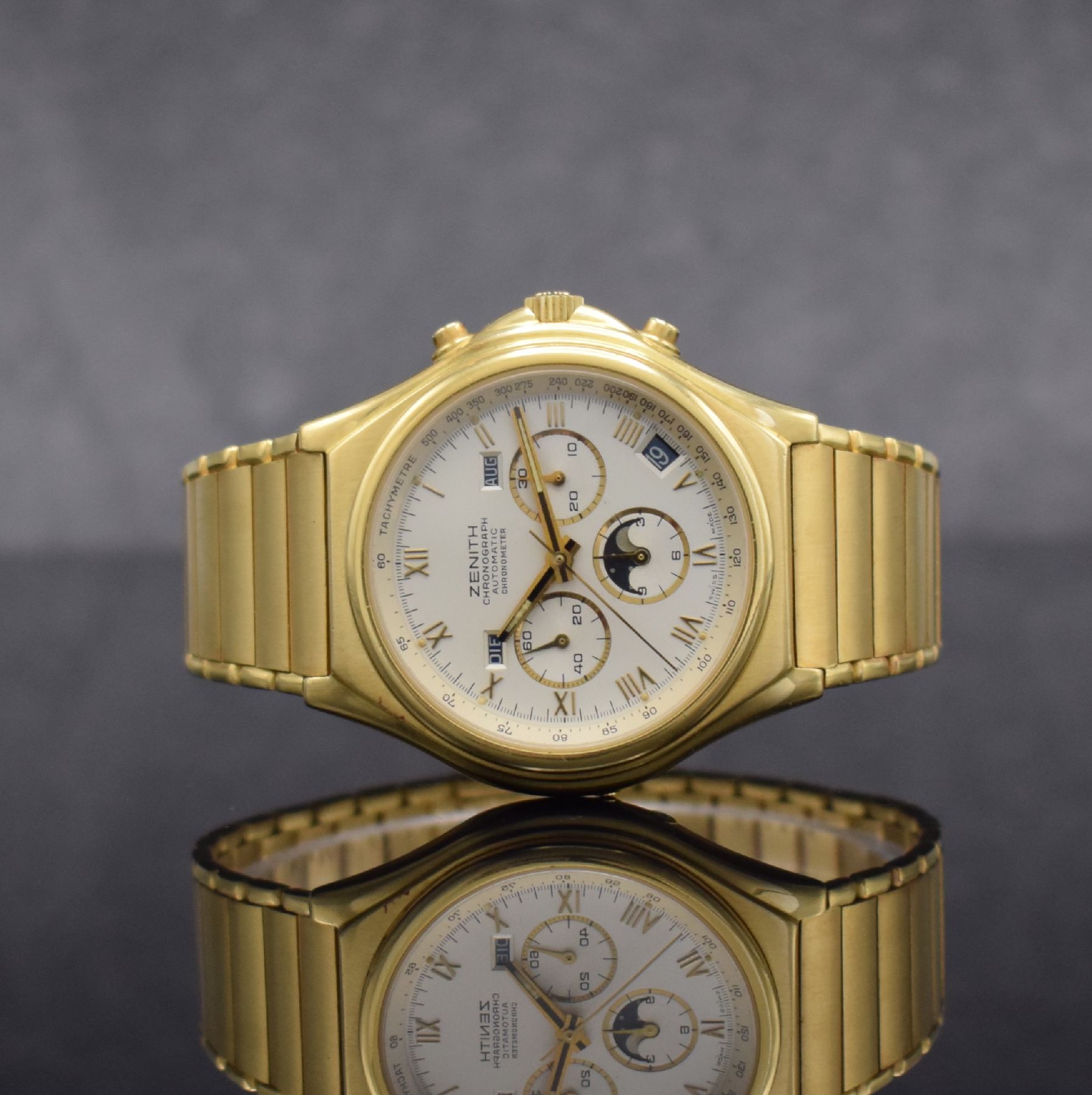 ZENITH seltener El Primero Schaltradchronograph mit Vollkalender in GG 750/000 Referenz 30.0150.418, Automatik, Schweiz um 1988, massives Goldgeh. ...