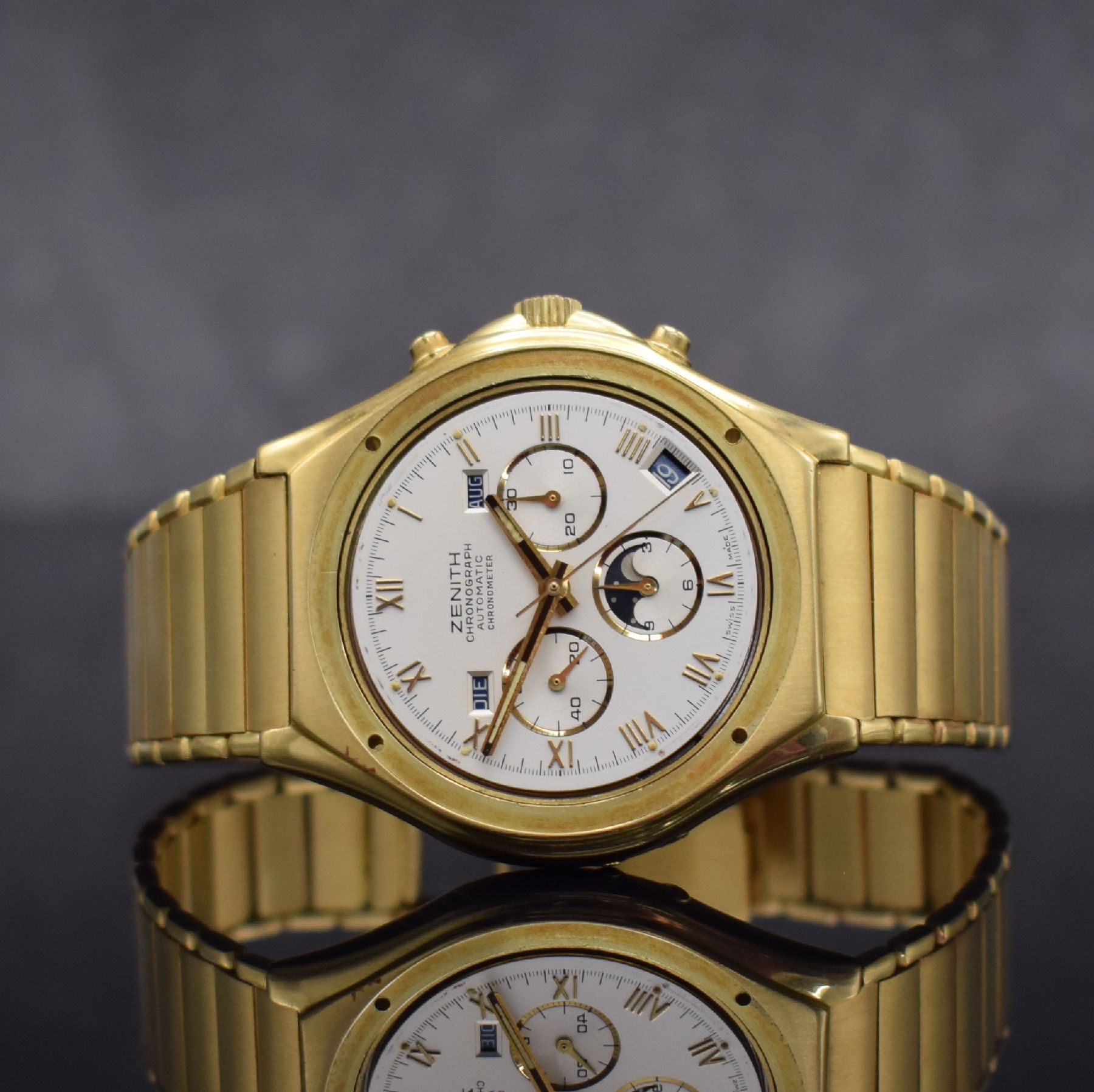 Detail b: ZENITH seltener El Primero Schaltradchronograph mit Vollkalender in GG 750/000 Referenz 30.0150.418, Automatik, Schweiz um 1988, massives Goldgeh. ...