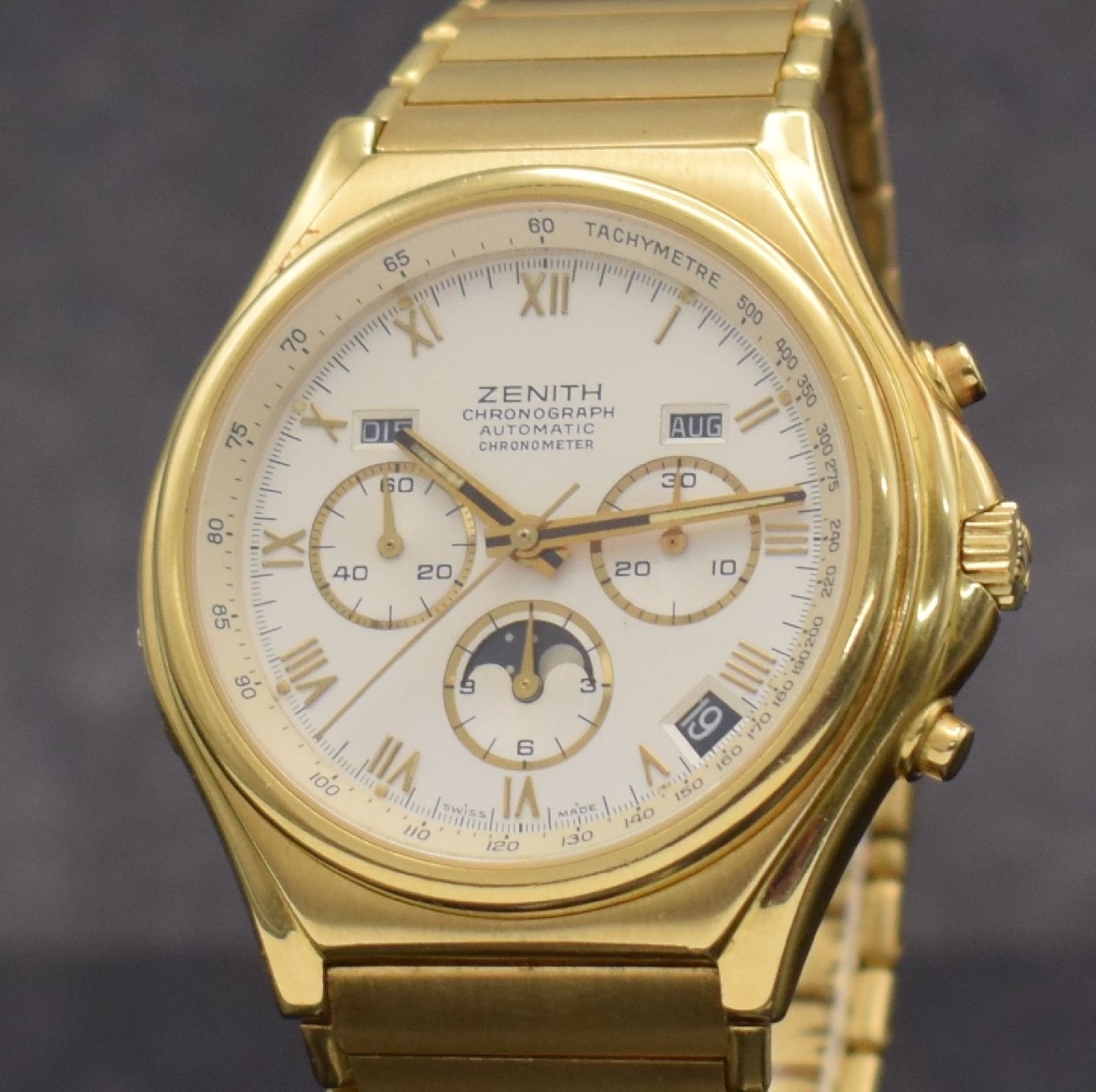Detail e: ZENITH seltener El Primero Schaltradchronograph mit Vollkalender in GG 750/000 Referenz 30.0150.418, Automatik, Schweiz um 1988, massives Goldgeh. ...