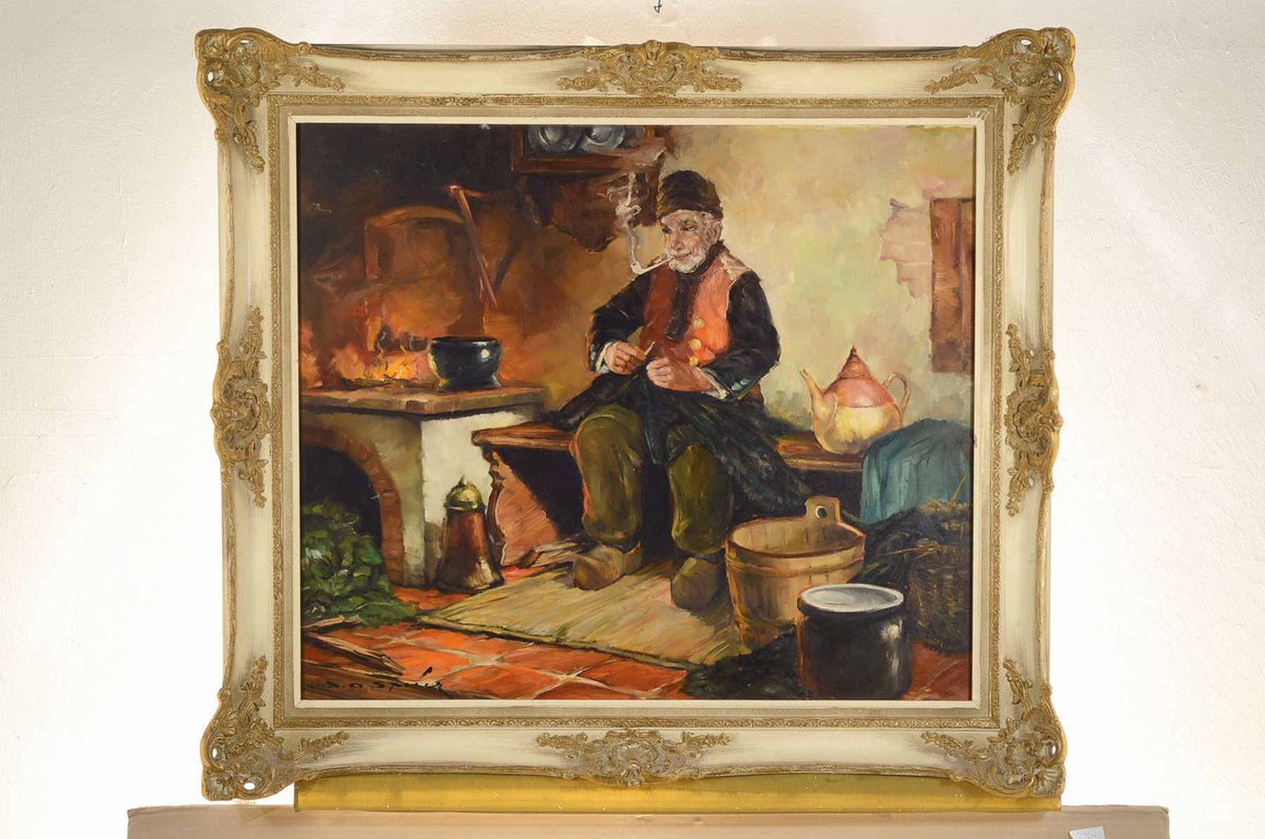 Detail k: Peter Albert Speier, 1920-1998, Kücheninterieur, Holländer beim Netzflicken, Öl/Lwd, links unten signiert, ca. 60x70cm, R. ca. 77x87cm