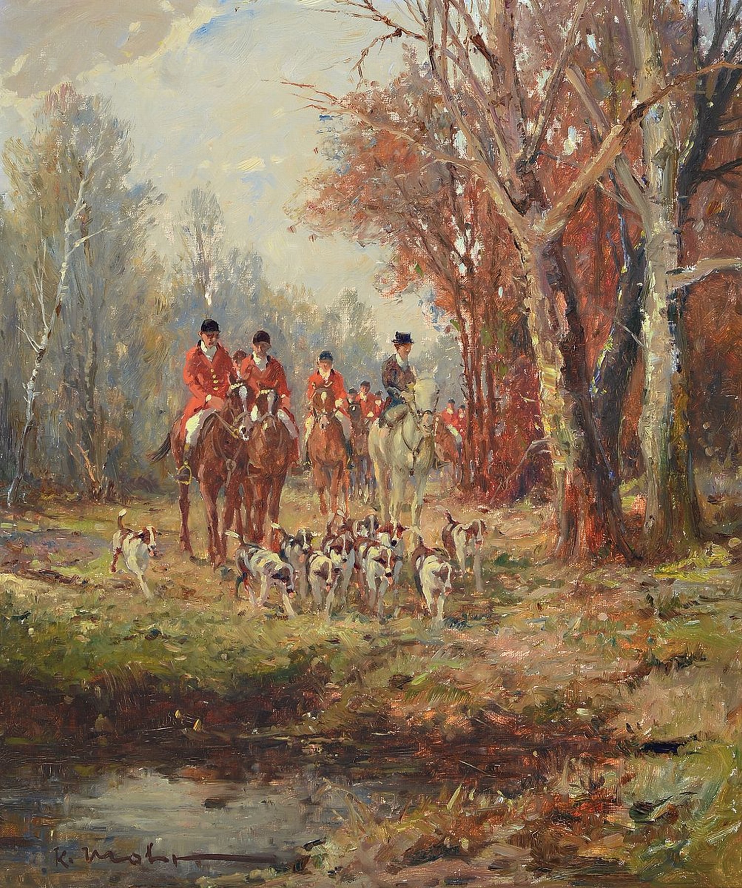 Karl Mohr, 1922-2013 Düsseldorf, Parforcejagd, Öl/Lwd, links unten signiert, ca. 60x50cm, R. ca. 75x65cm