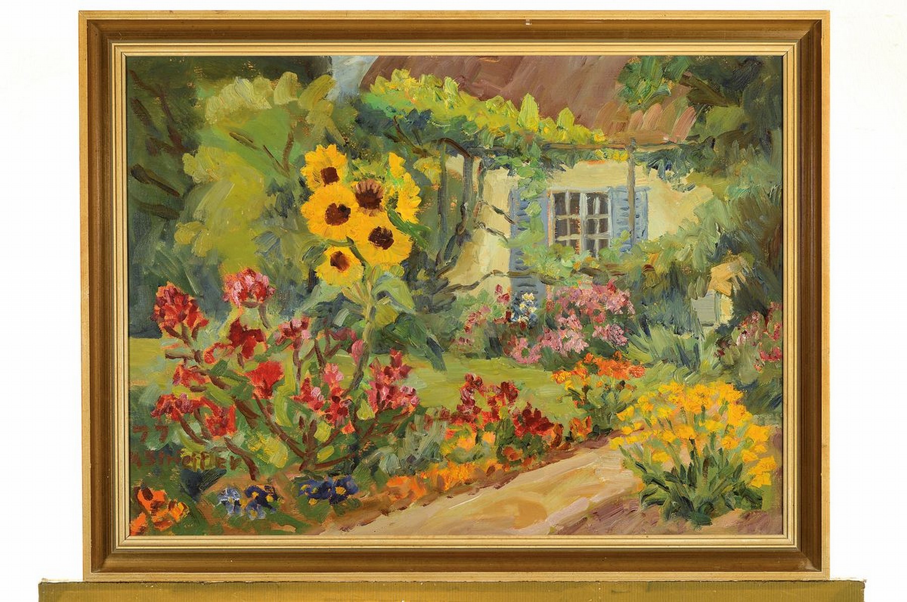 Detail k: Marie Strieffler, 1917-1987 Landau, Blick in einen Garten in Landau, Öl/Lwd, links unten signiert und dat. 77, ca. 47x 64cm, R. ca. 54x70cm
