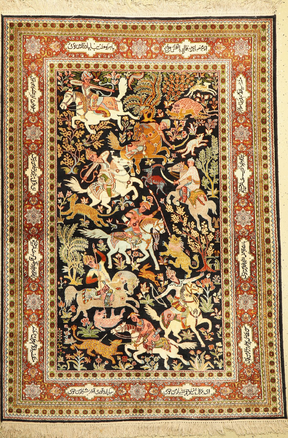 Kaschmir (Jagd Motive), Indien, ca. 50 Jahre, Merzerisierte Baumwolle, ca. 220 x 153 cm, guter Zustand