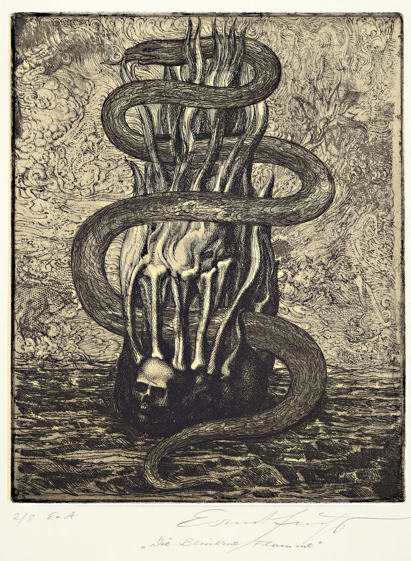 Ernst Fuchs, 1930-2015, Die beinerne Flamme, Radierung von 1972, handsigniert, betitelt, num. 2/8 E.A., ca. 24.5x20cm, Blattgr. ca. 62x48cm