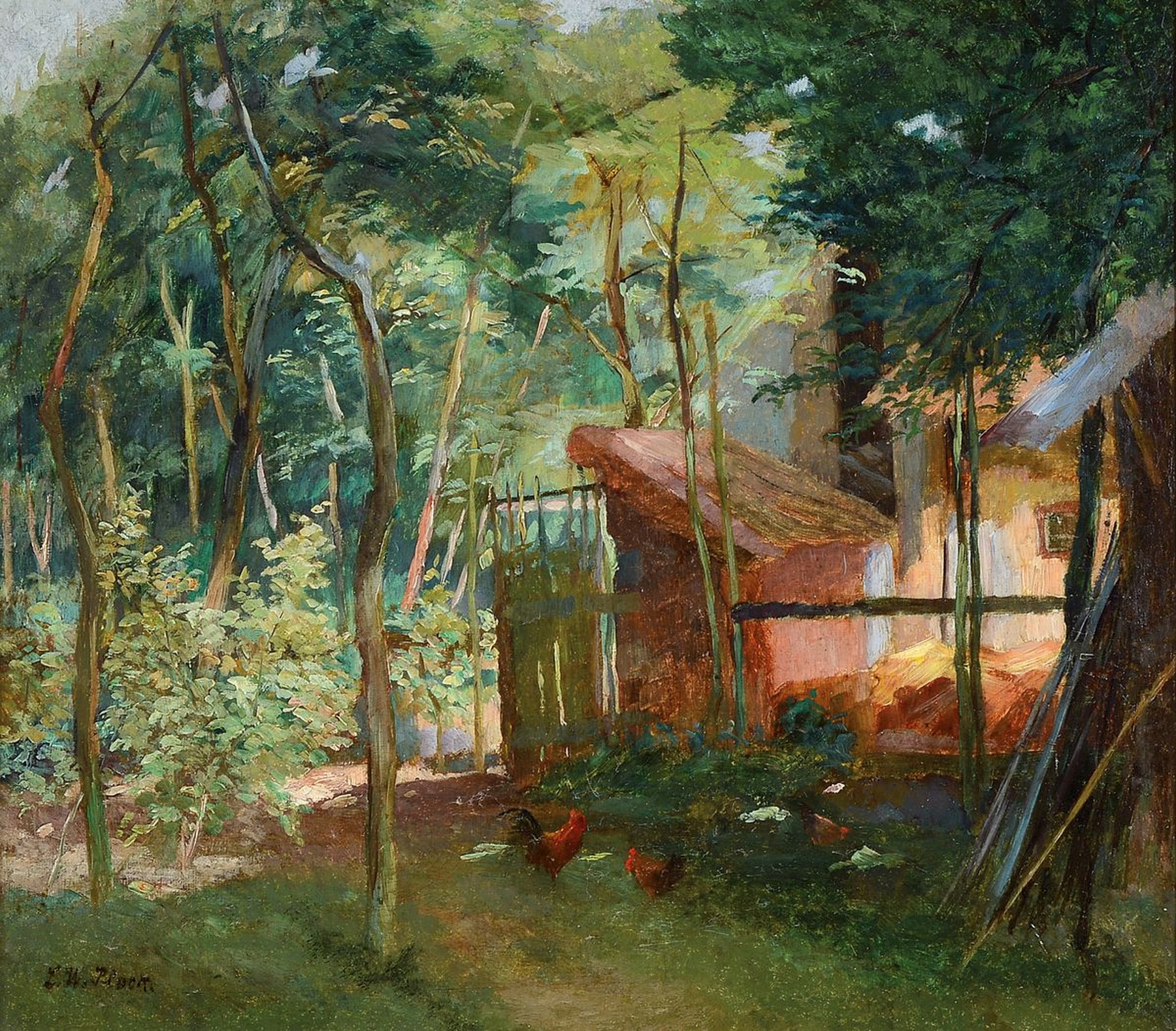 Ludwig Wilhelm Plock, 1871-1940 Karlsruhe, Wolfertsweier Bauernstall mit Hühnern, rückseitig so betitelt, Öl/Lwd, links unten signiert, ca. ...