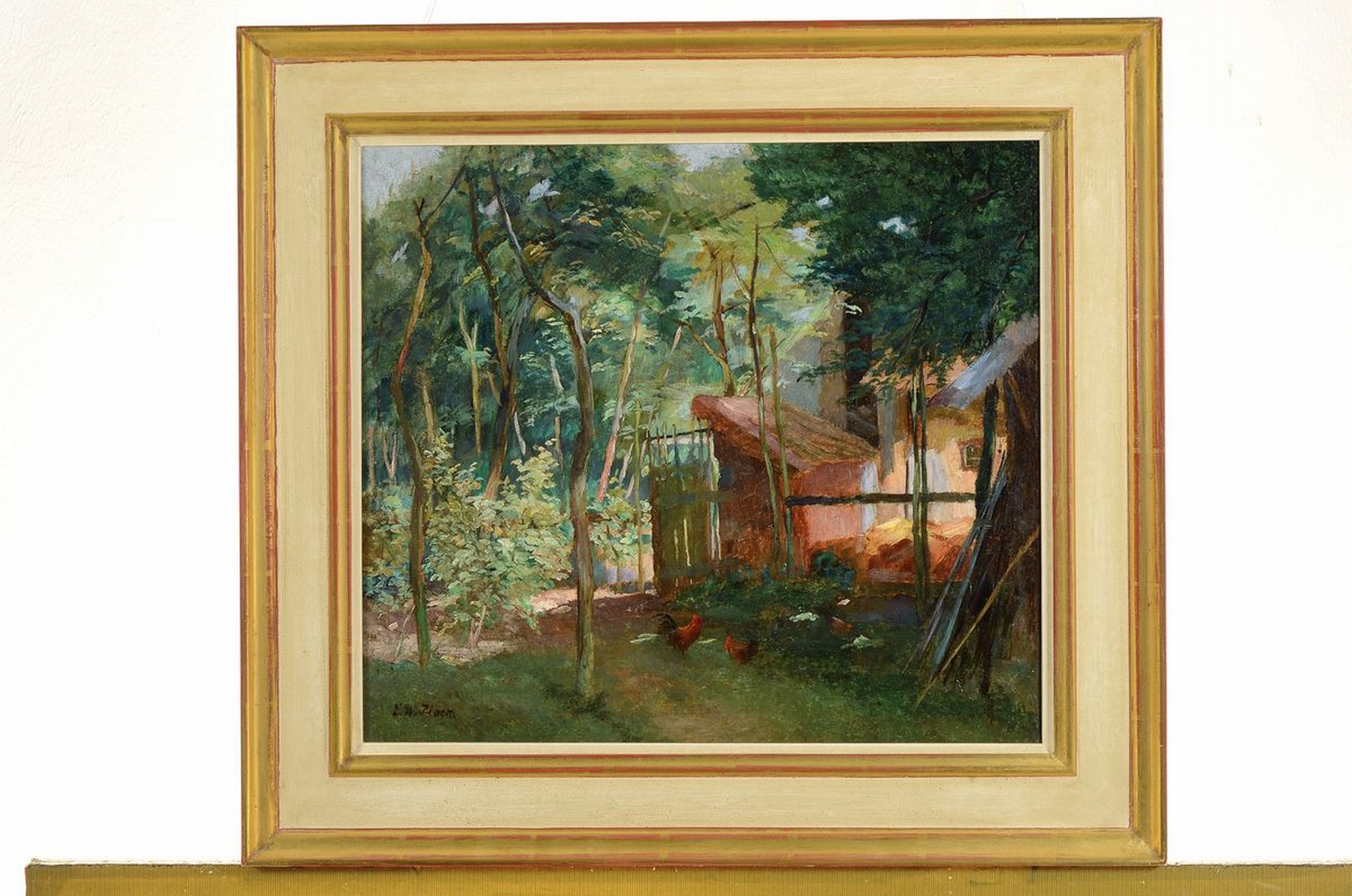 Detail k: Ludwig Wilhelm Plock, 1871-1940 Karlsruhe, Wolfertsweier Bauernstall mit Hühnern, rückseitig so betitelt, Öl/Lwd, links unten signiert, ca. ...