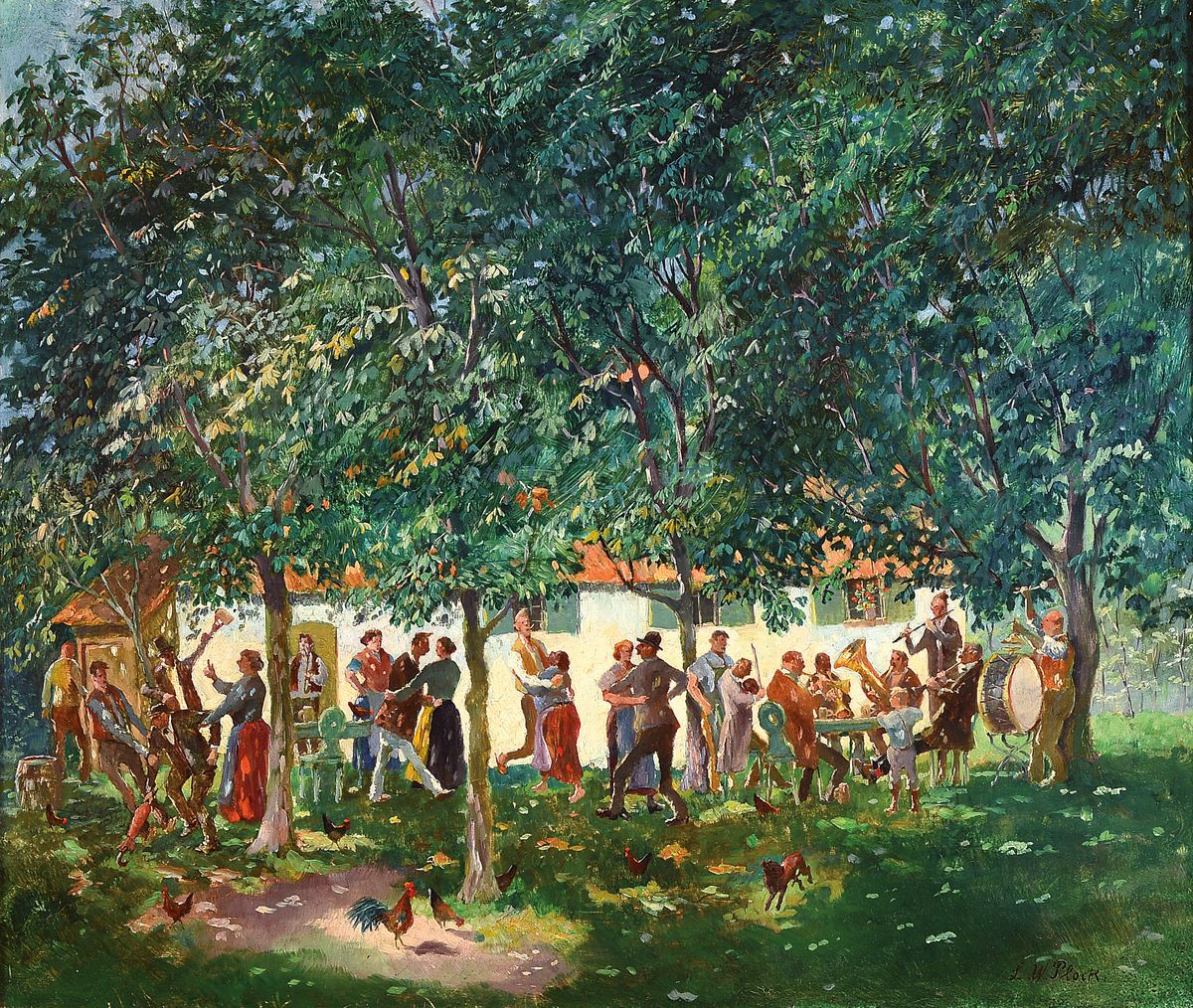 Ludwig Wilhelm Plock, 1871-1940 Karlsruhe, Fest unter den Bäumen vorm Gasthaus, vielfigurige Szene, Öl/Lwd, rechts unten signiert, ca. 35x41cm, R. ...