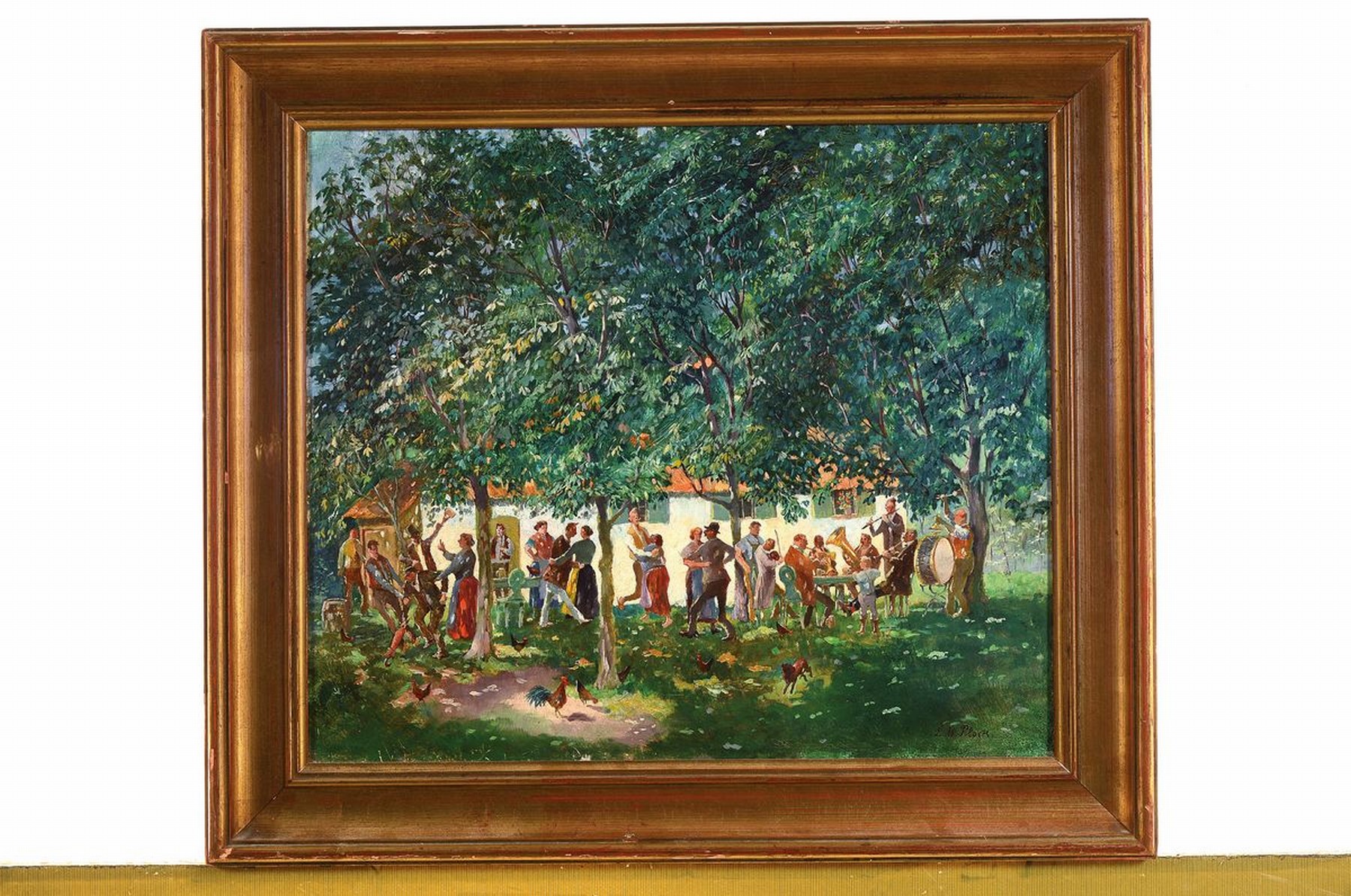 Detail k: Ludwig Wilhelm Plock, 1871-1940 Karlsruhe, Fest unter den Bäumen vorm Gasthaus, vielfigurige Szene, Öl/Lwd, rechts unten signiert, ca. 35x41cm, R. ...