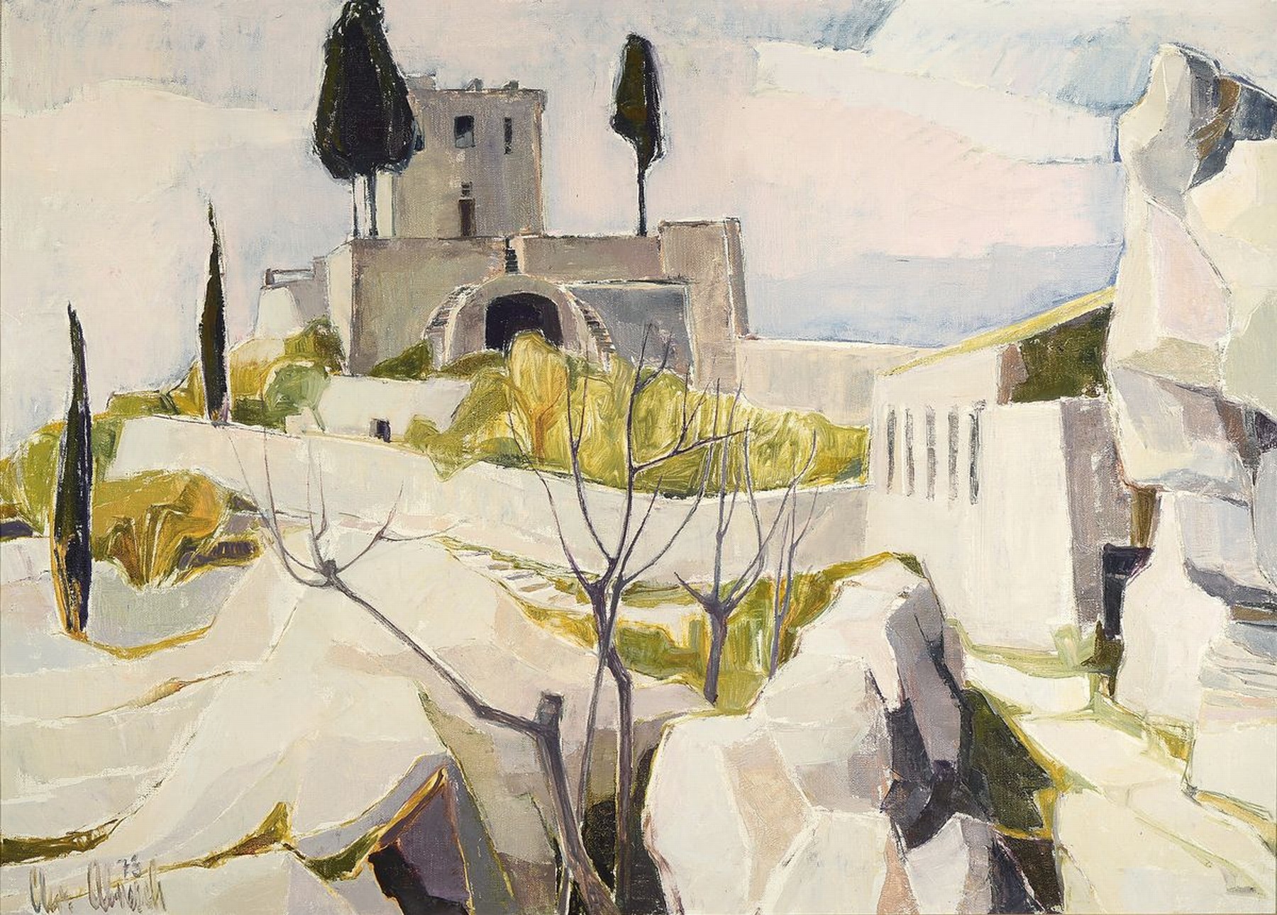 Christel Abresch, 1931 Sulzbach bis 2011 Neustadt/Wstr., Jagdschloss bei Sauve, Cevennen, Mai 73, Öl/Lwd, verso bezeichnet, li. unten signiert und ...