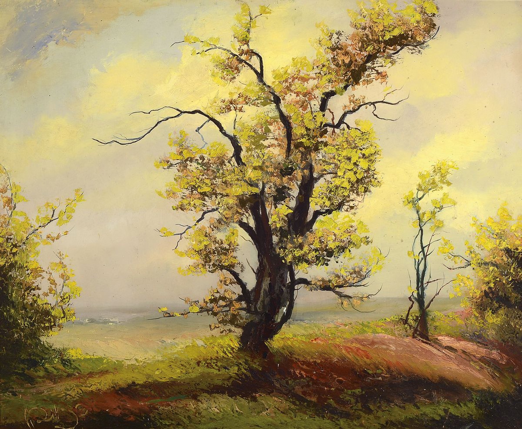 Karl Philipp Spitzer, 1887 Speyer - 1954, Landschaft mit Bäumen, Öl/Platte, li. unten signiert, l. Alters- und Gebr.-spuren, 60 x 75 cm, Rahmen: 70 ...