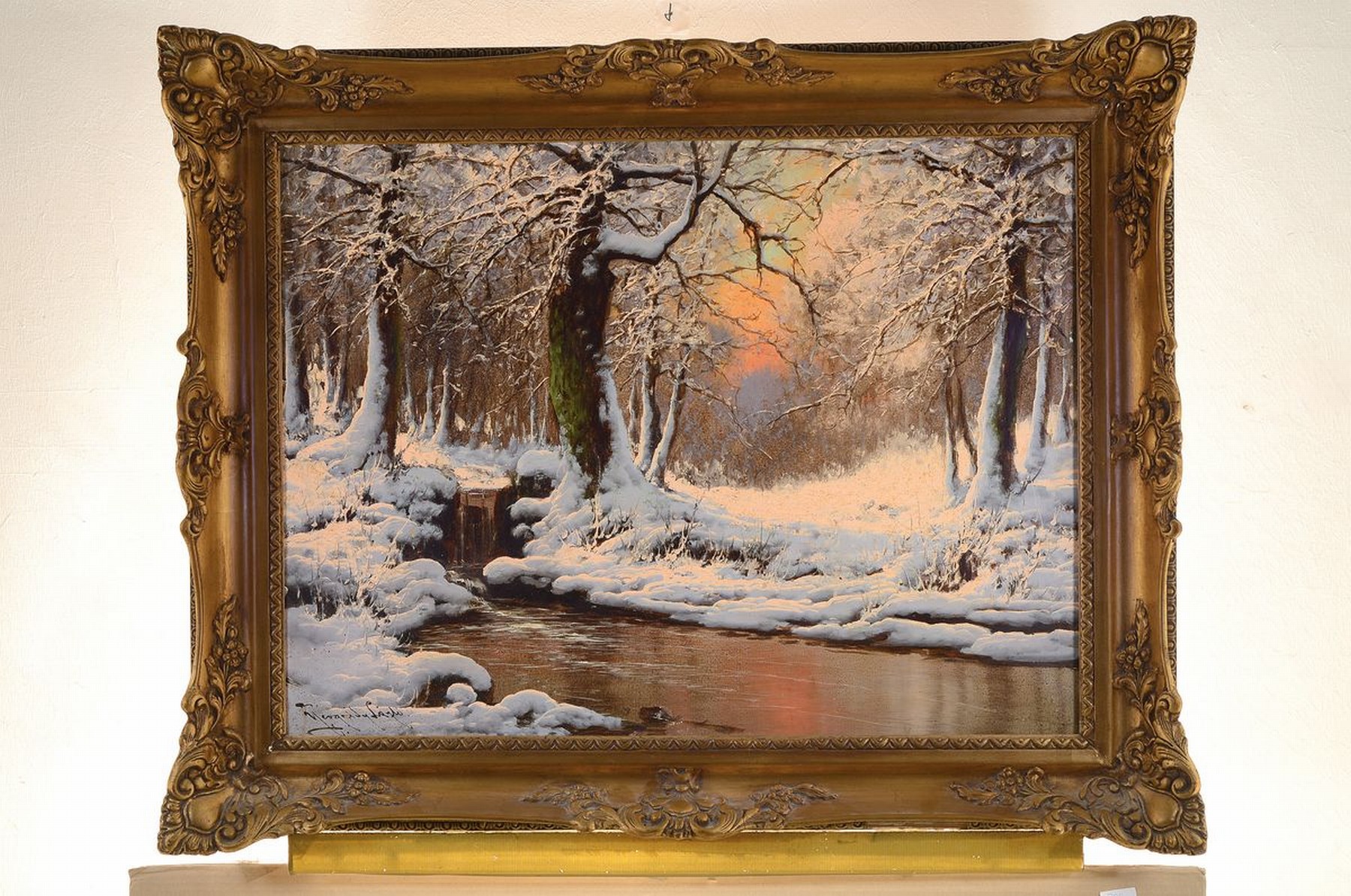 Detail k: Laszlo Neogrady, 1896 Budapest - 1962, verschneite Winterlandschaft mit Bäumen und Bachlauf, Morgenstimmung, gekonnte Tiefenwirkung und ...