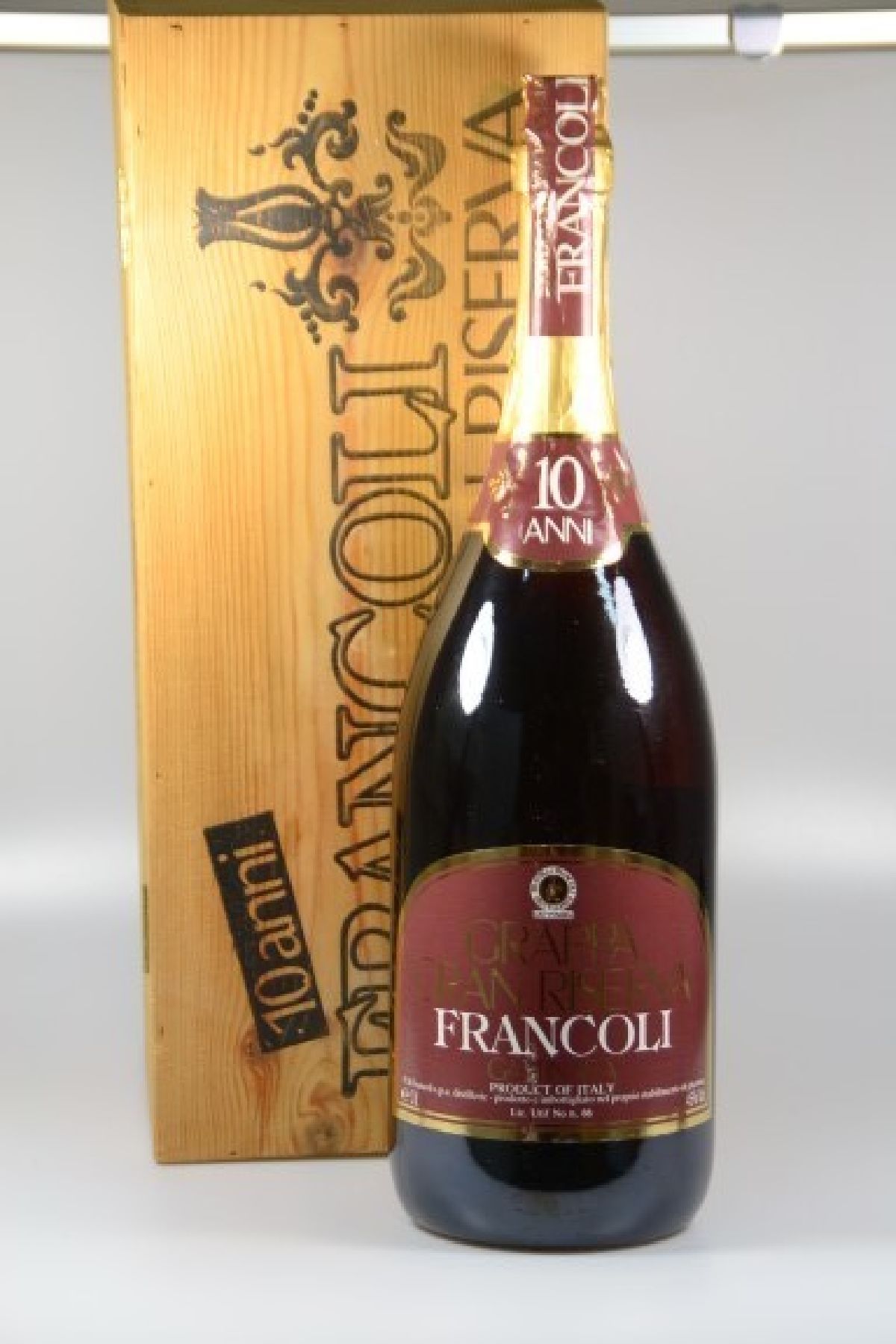 Große 3 Liter Flasche Francoli, Grappa Gran Riserva, 10 anni, wurde in den 70er/80er Jahren gekauft, orig. Holzkiste