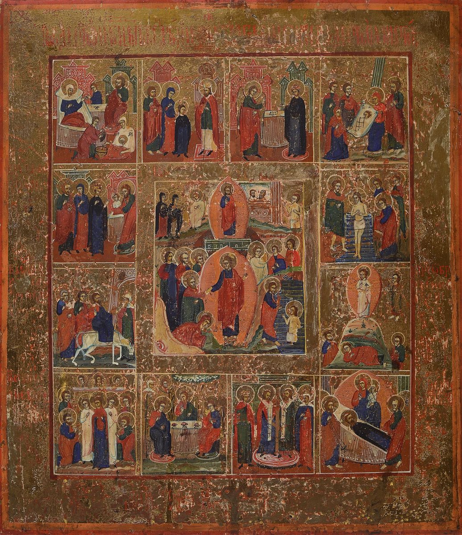 Festagsikone, Russland, 2. Hälfte 19. Jh., Eitempera/Holz, Vita von Jesus Christus, altersbedingt beschädigt bzw. berieben