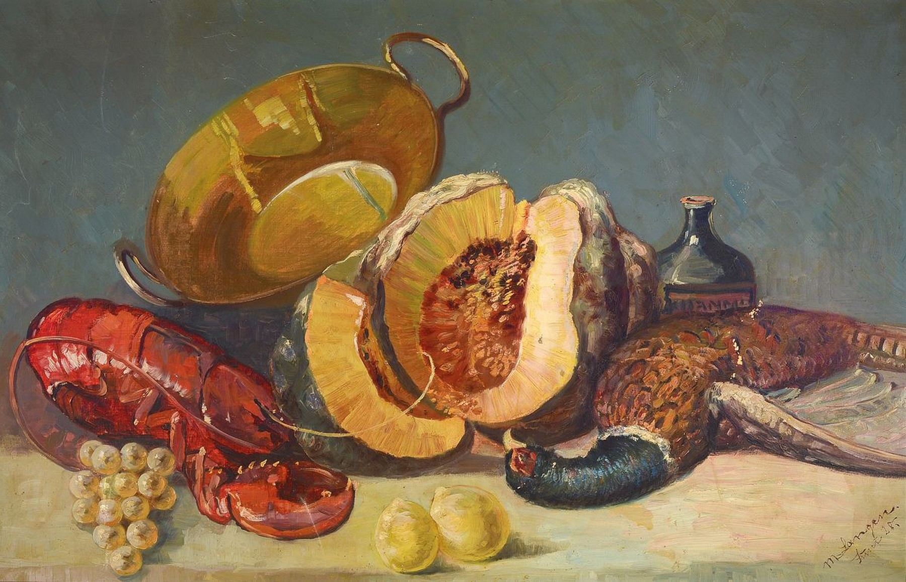 M. Langen, 1. Hälfte 20. Jh., großes Stillleben mit Kupferkessel und Hummer nach Renaissance-Vorbild, re. unten signiert und dat. 1928, Öl/Lwd., ...