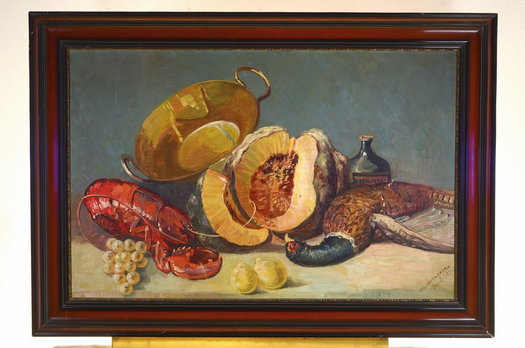 Detail k: M. Langen, 1. Hälfte 20. Jh., großes Stillleben mit Kupferkessel und Hummer nach Renaissance-Vorbild, re. unten signiert und dat. 1928, Öl/Lwd., ...