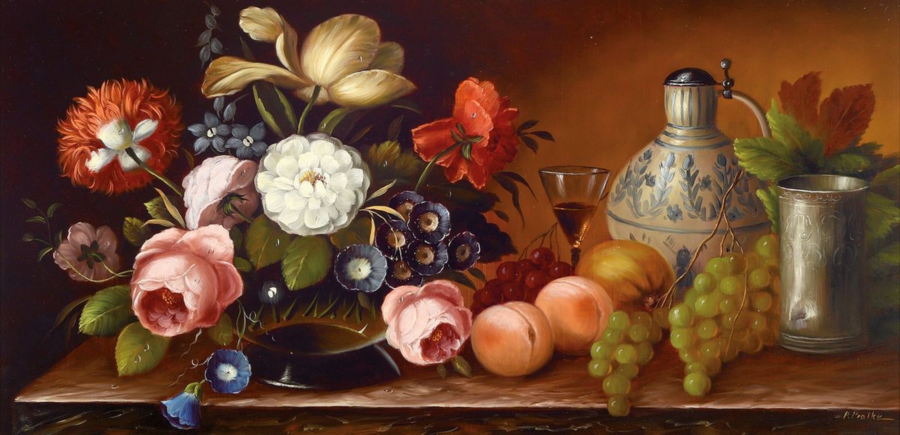 Peter Pralke, geb. 1910 Bukarest,, Stillleben mit Fayencekanne, Blumen, und Früchten, Öl/Lwd, re. u. signiert, 26 x 50cm, Rahmen: 33 x 58 cm
