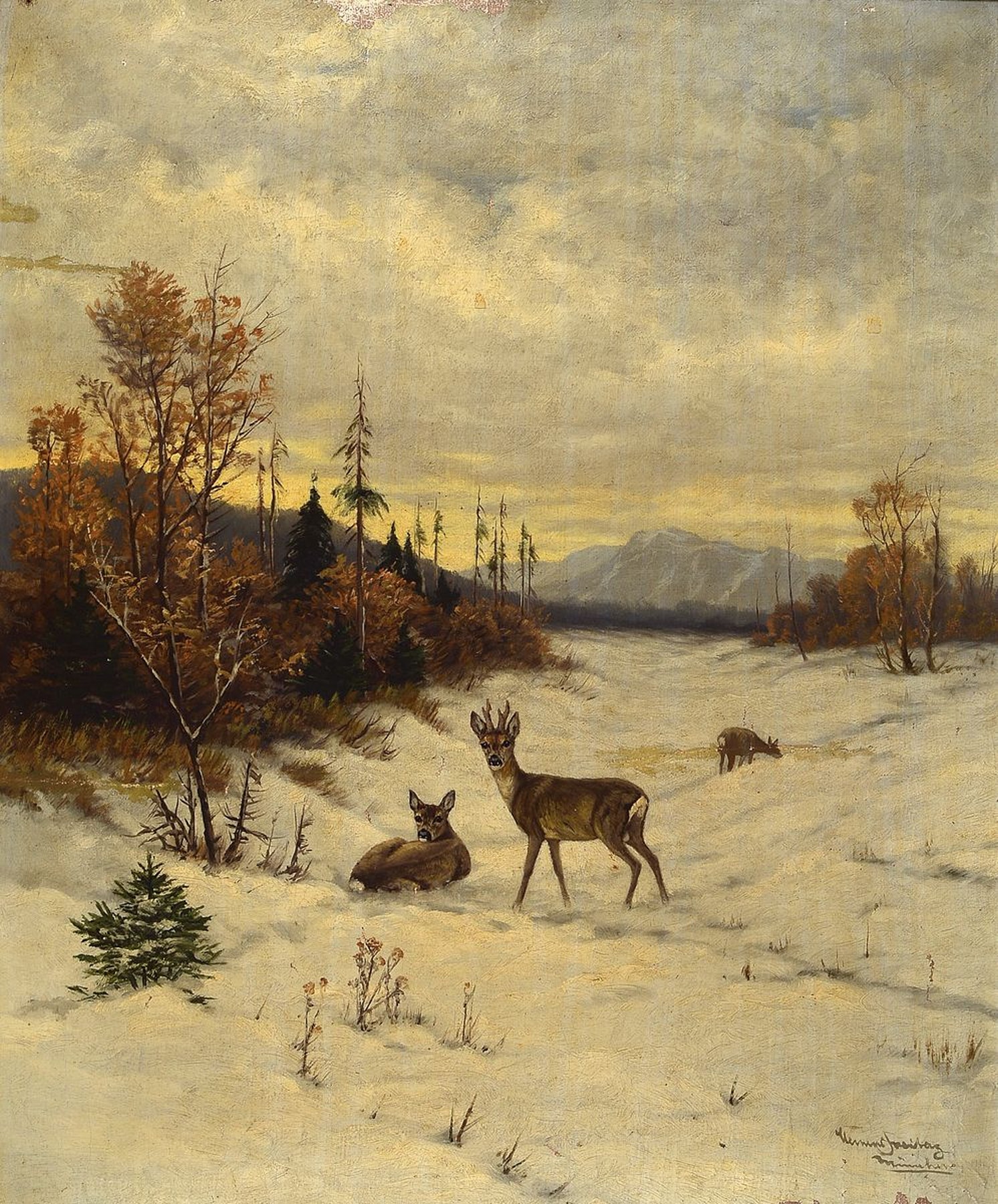 Clemens Freitag, 1883 Essen-1969 München, Rehe im Schnee, Öl/Lwd, rechts unten signiert, mit mehreren Farbfehlstellen vor allem an den Rändern, ...