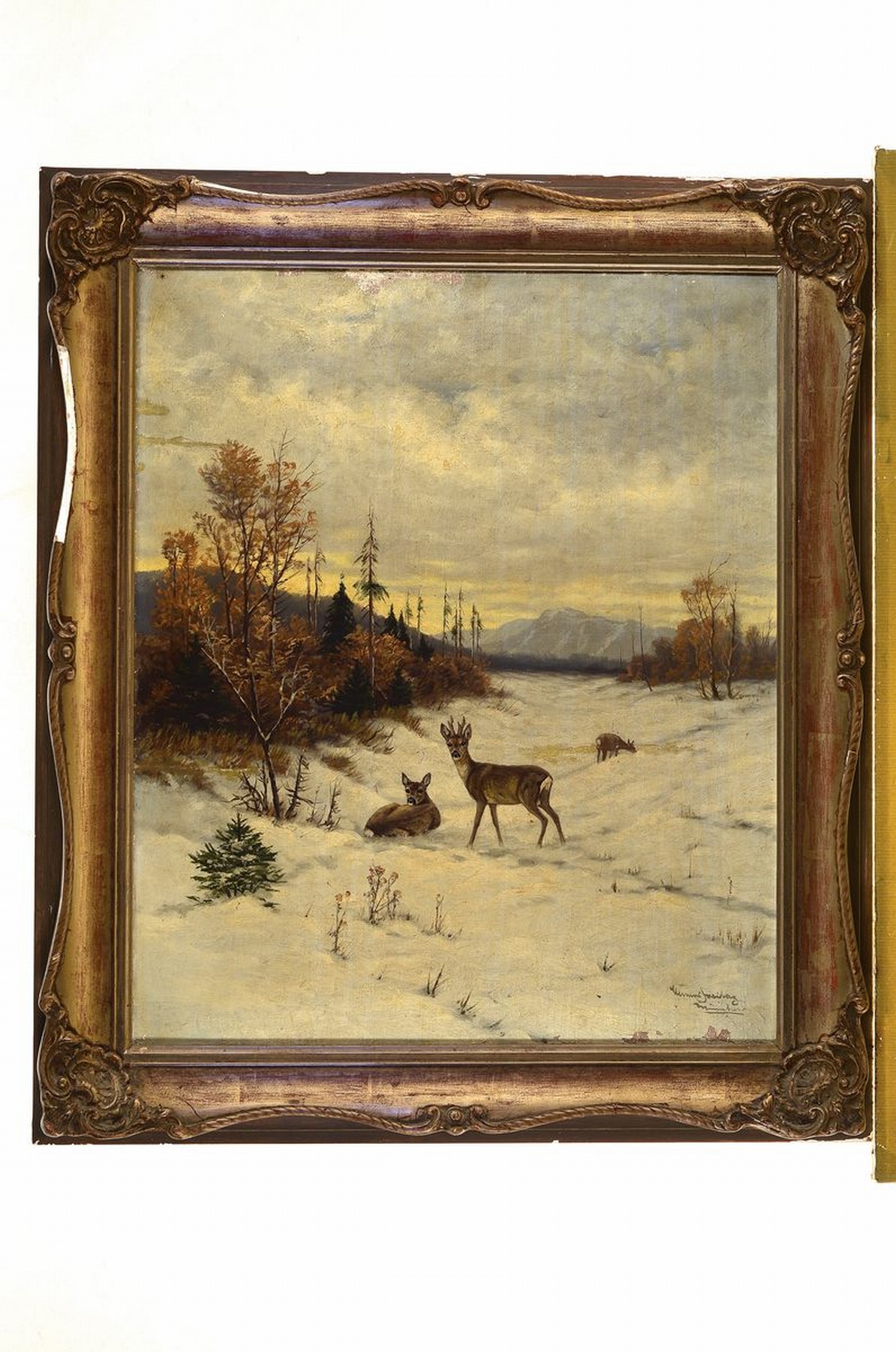 Detail k: Clemens Freitag, 1883 Essen-1969 München, Rehe im Schnee, Öl/Lwd, rechts unten signiert, mit mehreren Farbfehlstellen vor allem an den Rändern, ...