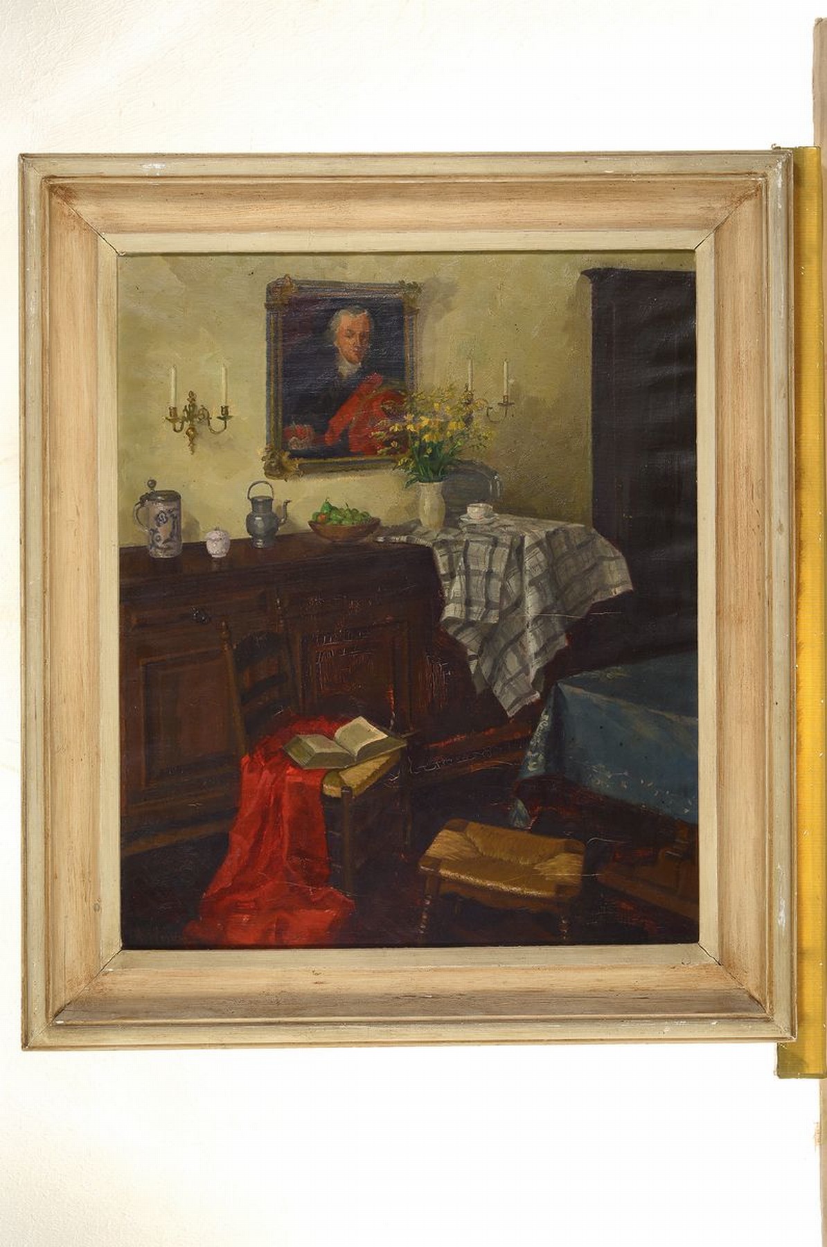 Detail k: Zuschreibung: August Wagner, 1875-1952, Interieur mit Gemälde, Anrichte und aufgeschlagenem Buch auf Stuhl, Öl/Lwd, links unten signiert, ca. ...