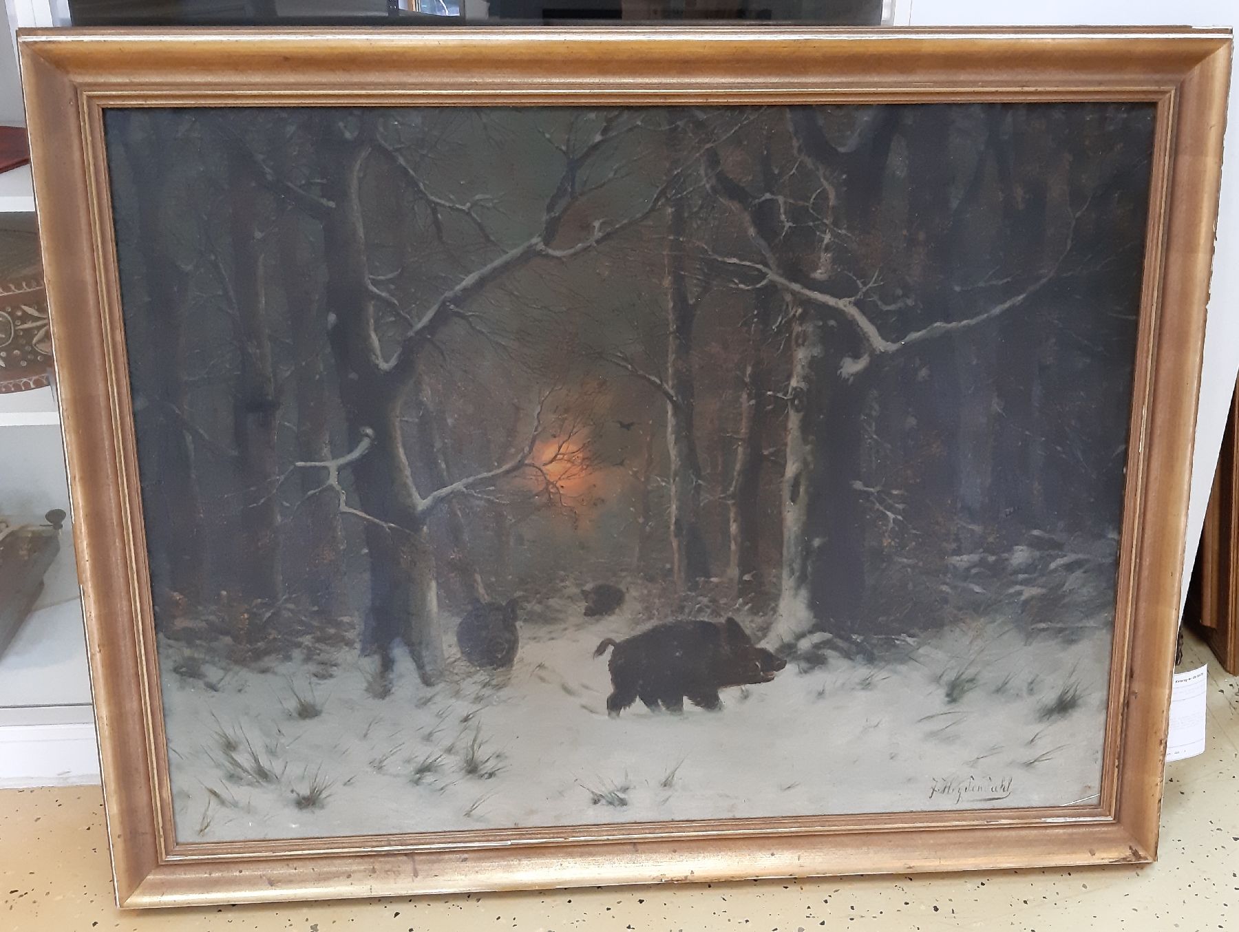 Detail b: Joseph F. Heydendahl, 1844-1906 Düsseldorf, Wildschweinrotte im verschneiten Wald, Abendrot, Öl/Lwd, rechts unten signiert, ca. 95x125cm, R. ca. ...